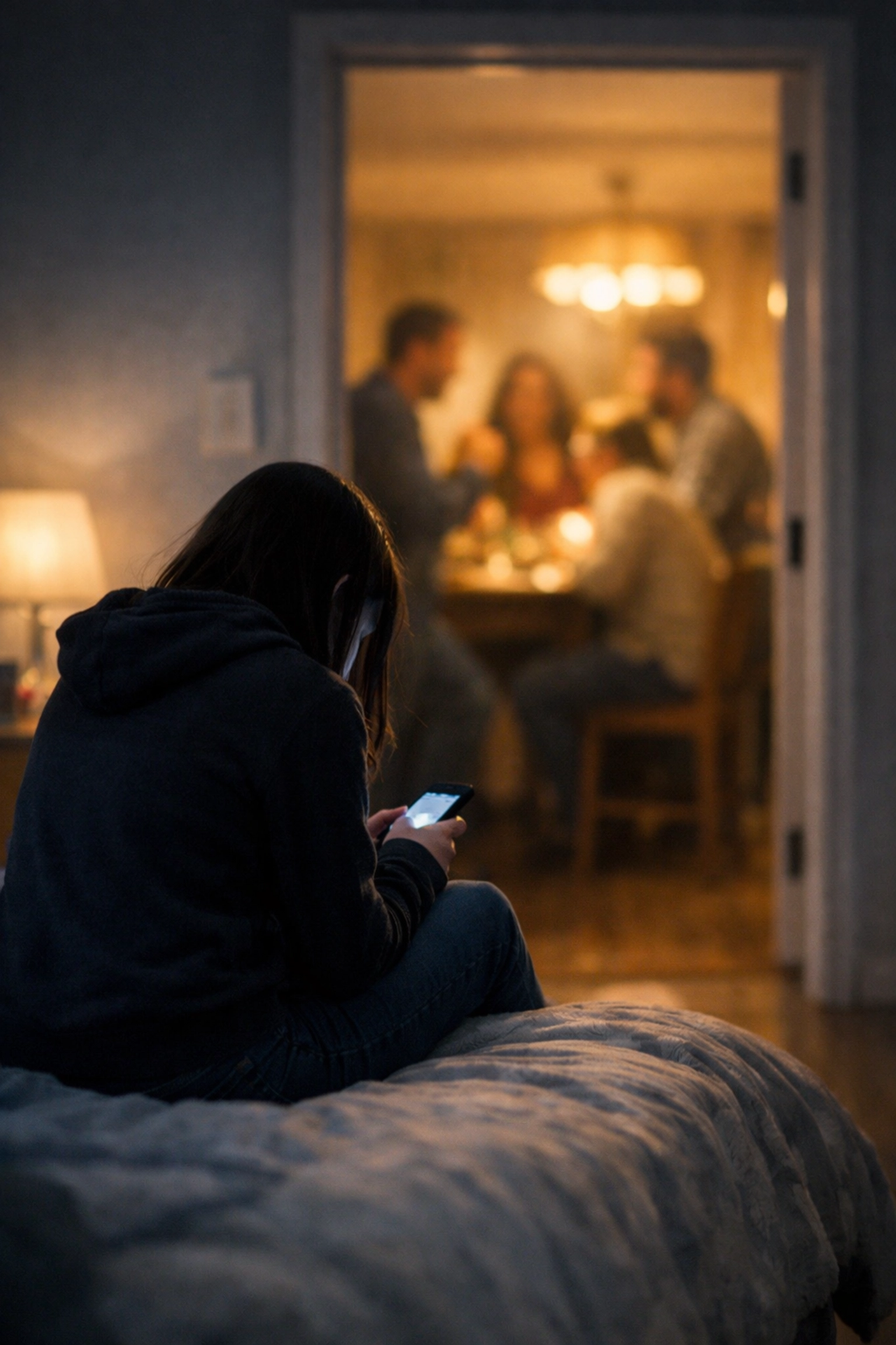 Isolated teenage girl on phone alone while missing family connection in another room