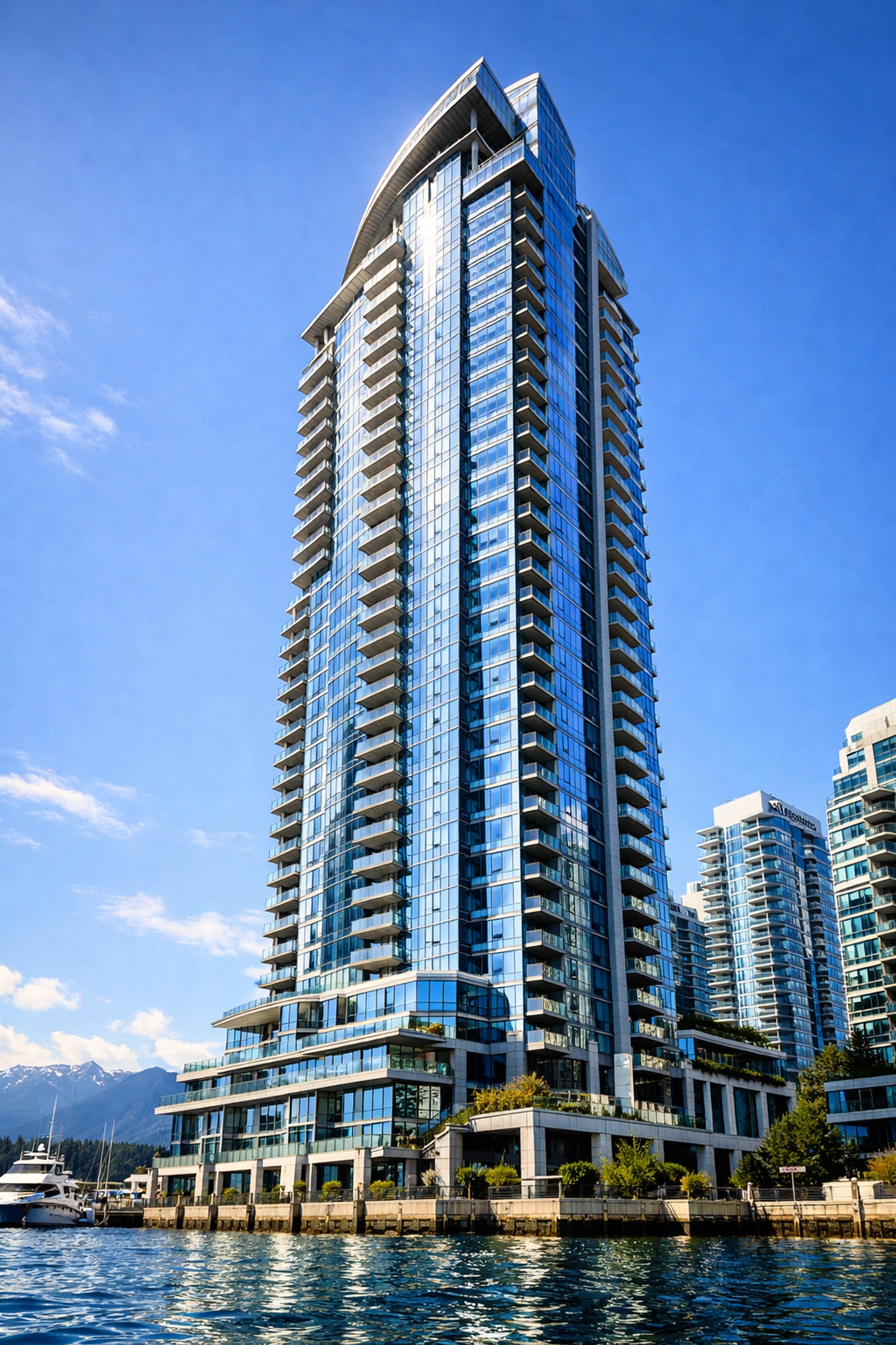 Modern luxury residential high-rise in Coal Harbour reflecting Vancouver's high rental income potential.
