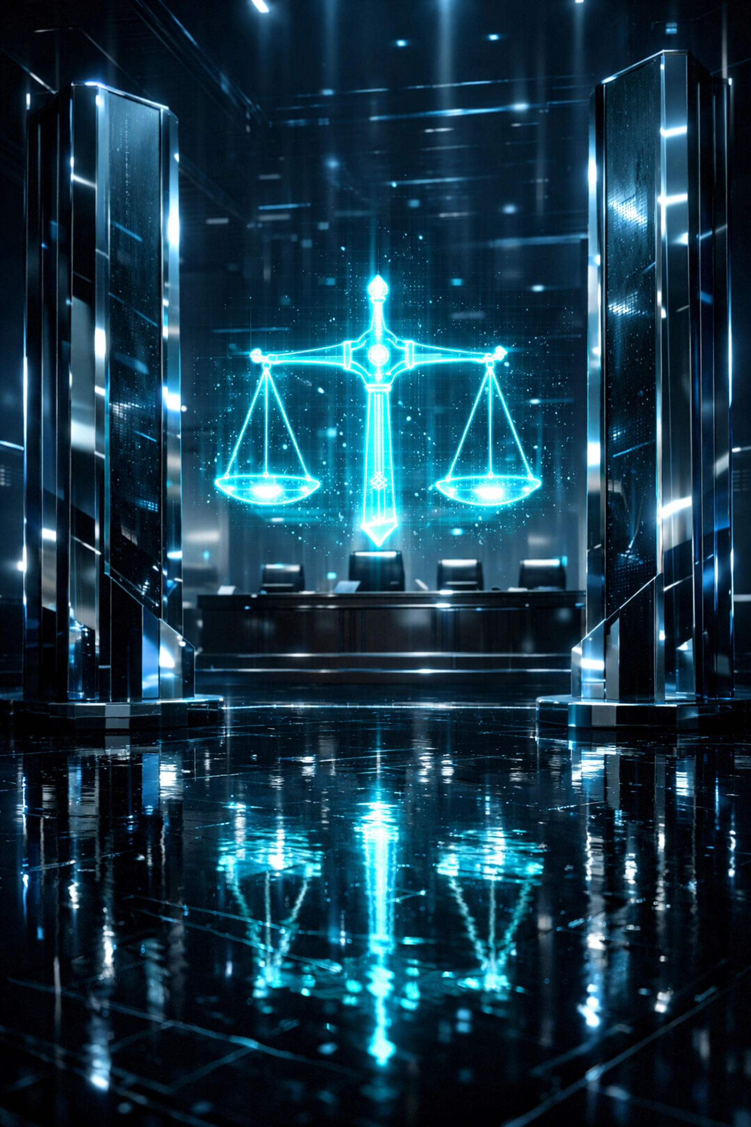 Futuristic digital scale of justice symbolizing authority and professional law firm brand identity.