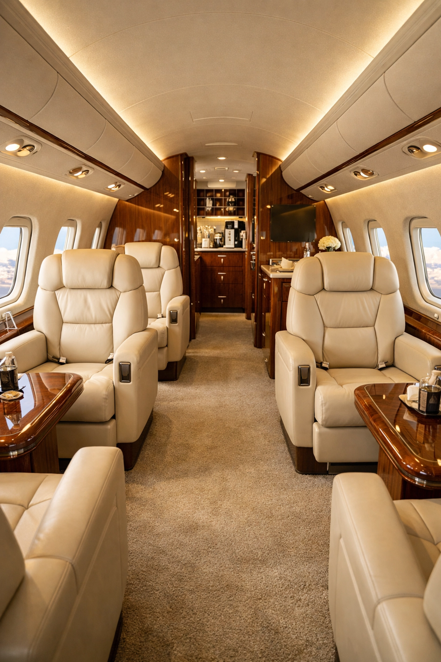 Midsize private jet cabin interior featuring stand-up headroom and luxury seating