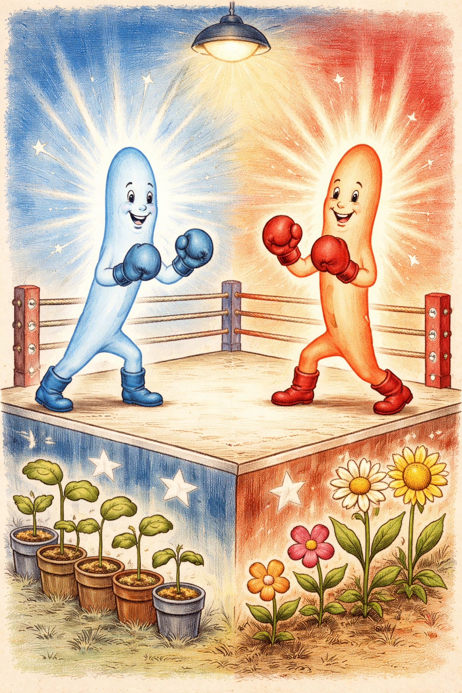 Red and blue cartoon light beams box in a ring, watched by seedlings, symbolizing red and blue spectrum importance for plant growth.