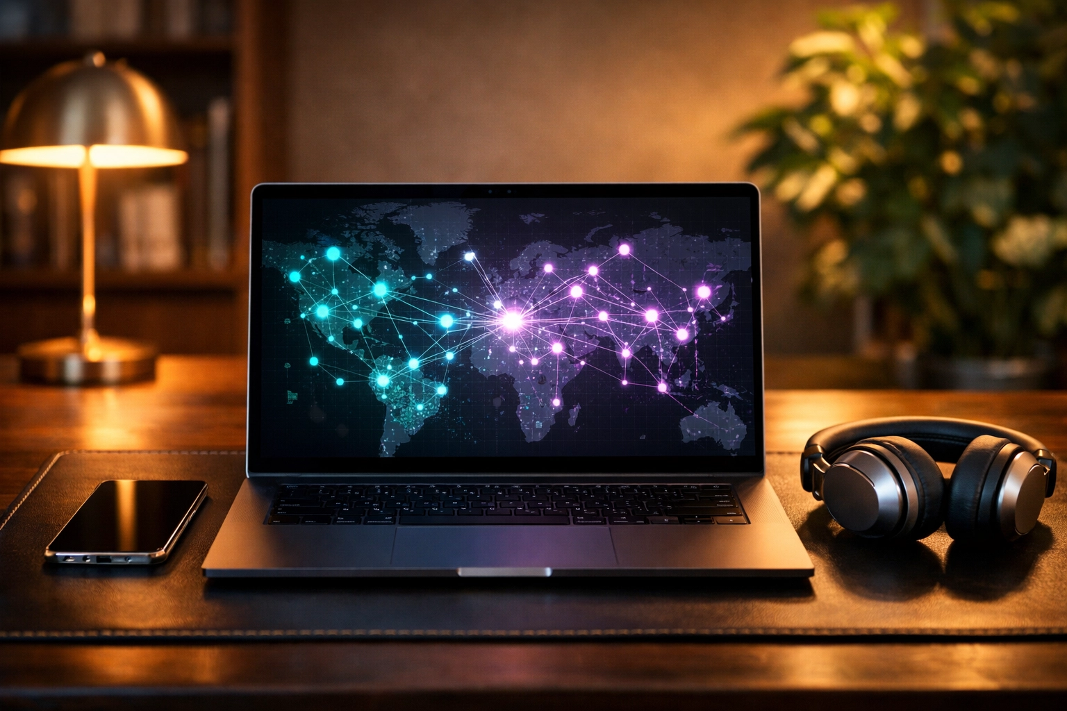 A professional workstation showing a visual map of a synchronized business automation engine.