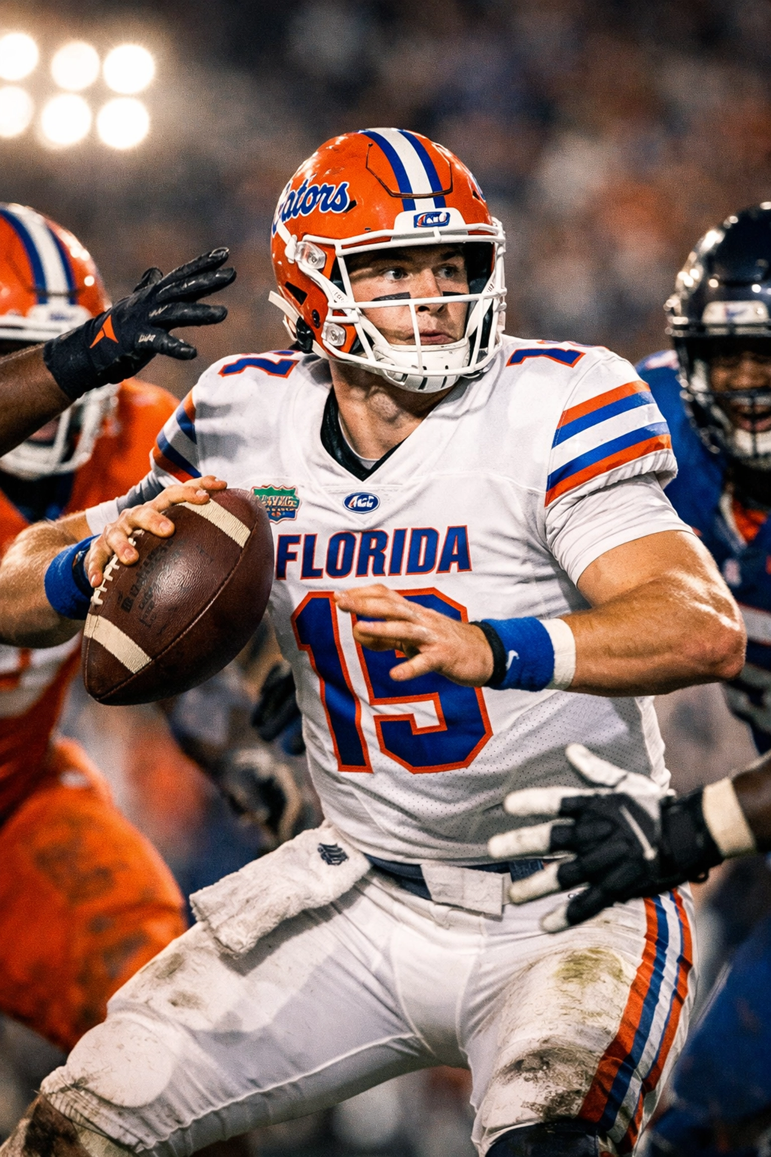 Florida Gators quarterback maintaining composure under pressure in white jersey