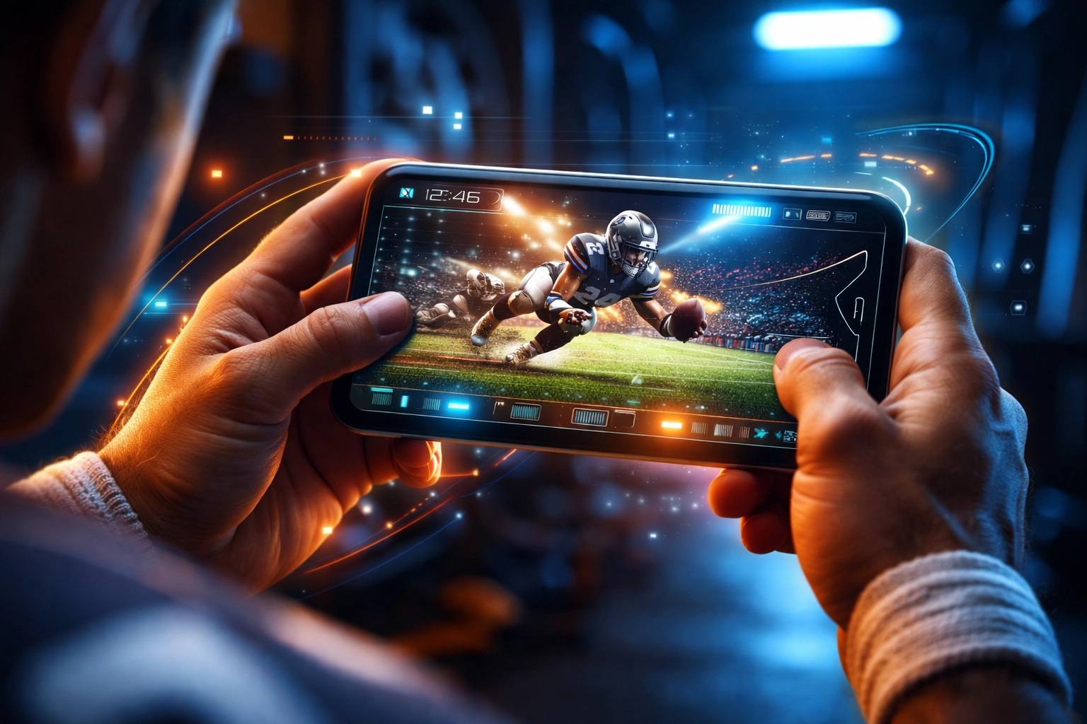 Football player reviewing highlight reel on smartphone in locker room, illustrating AI technology in athlete recruitment.