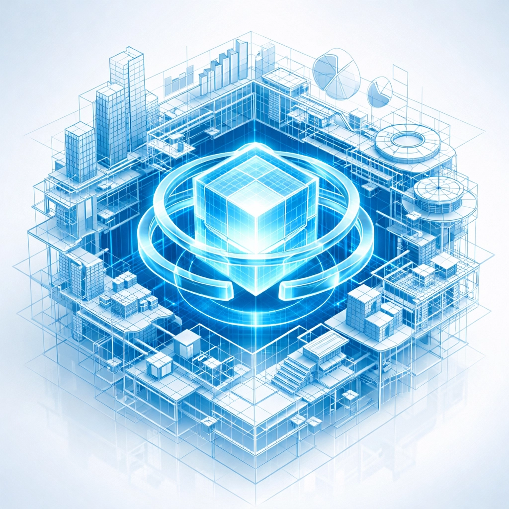 Glowing architectural wireframe illustrating a custom AI software framework for business scalability.
