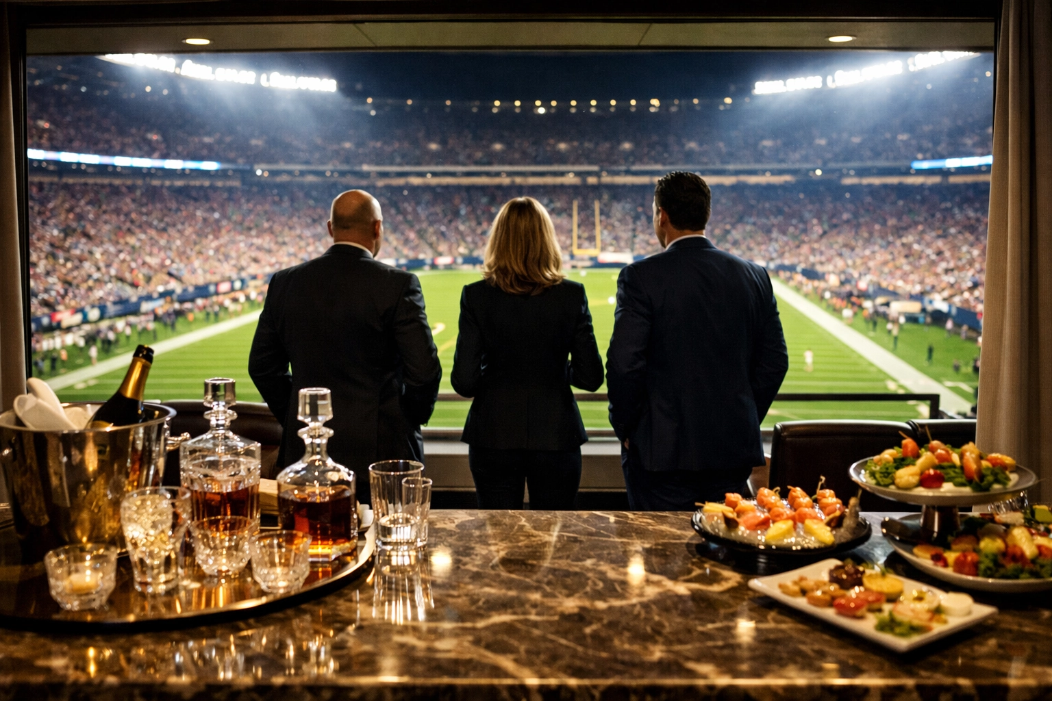 Fortune 500 executives in an exclusive VIP Super Bowl stadium suite for corporate hospitality.