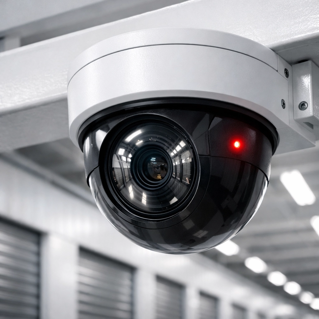 Security camera monitoring high-safety storage units at a Hertford storage facility.