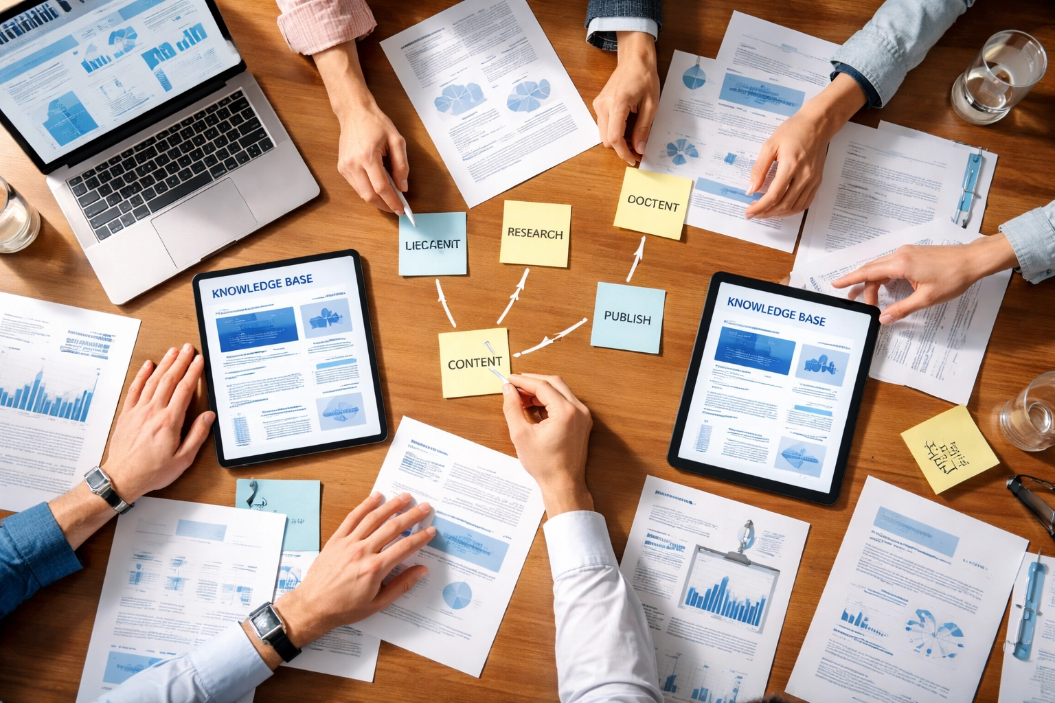 Top-down view of collaborative knowledge management with digital articles and workflow documents for Virtual Agent support.