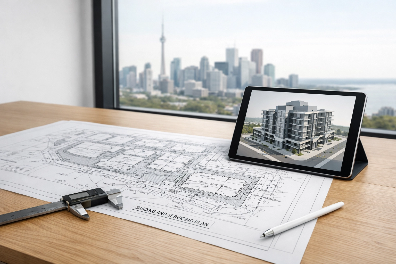 Detailed site grading and functional servicing blueprints for an Ontario land development project.