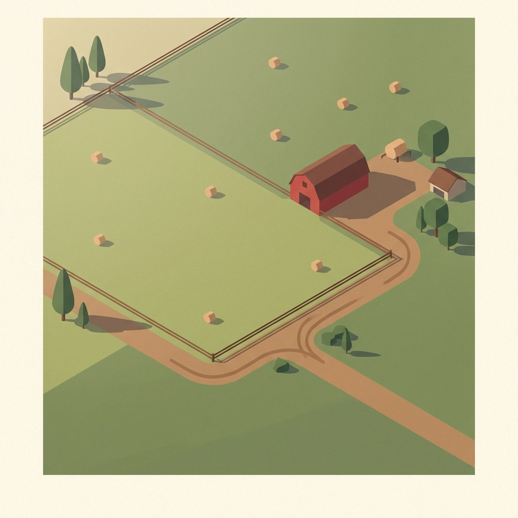 Aerial view illustration of a farm property with pastures, a barn, hay bales, and paths, ideal for a farmyard obstacle course setup.