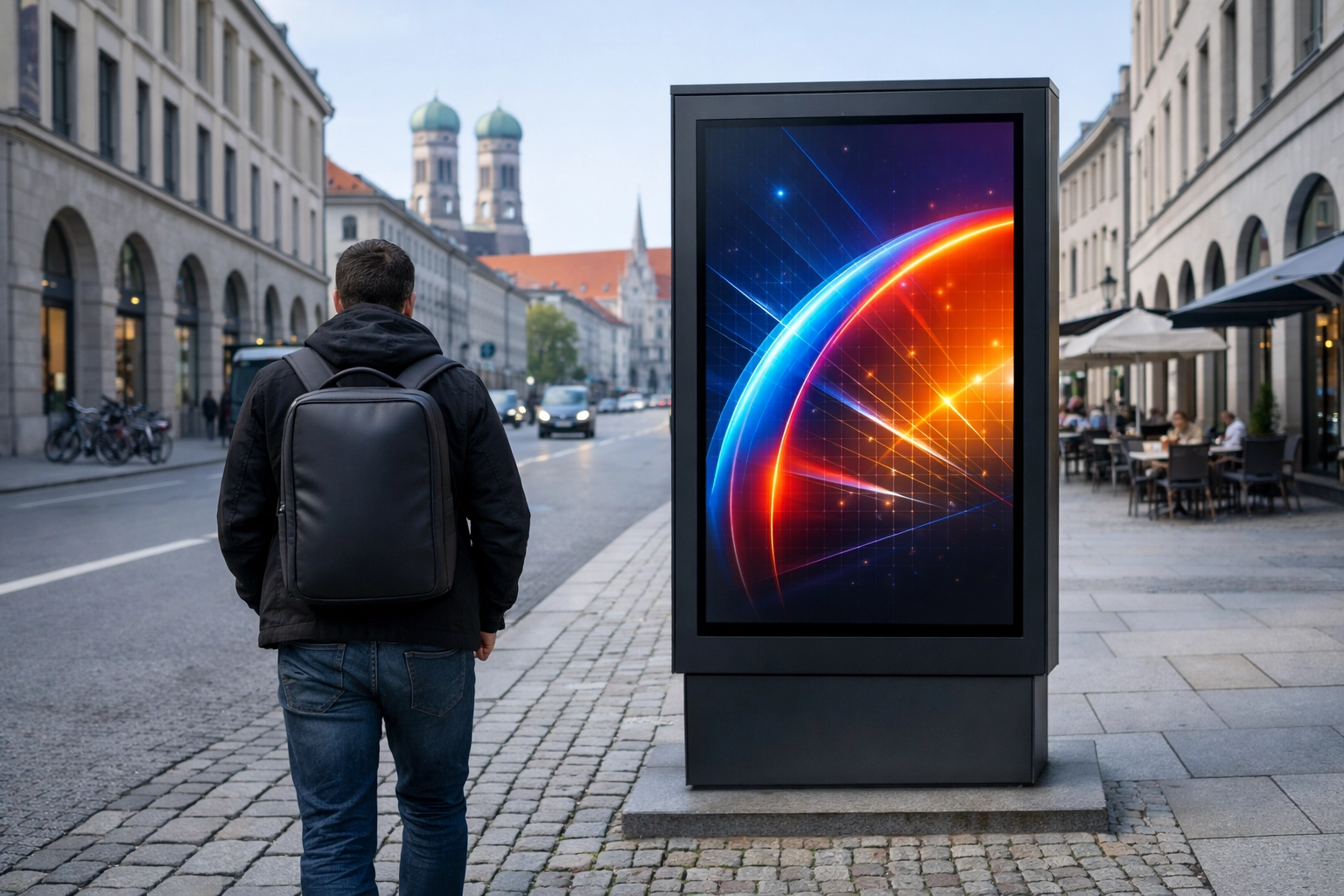 Person walking past a digital street kiosk in Munich displaying high-resolution global DOOH advertising.