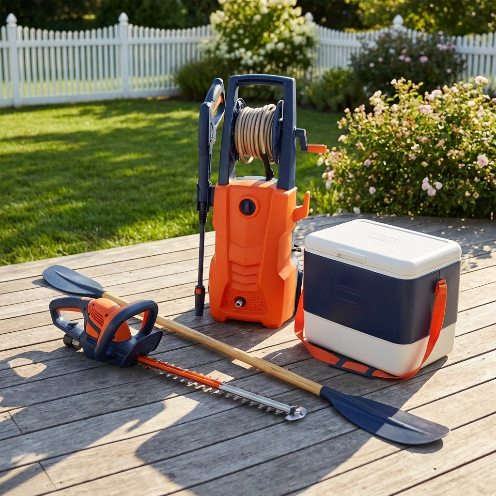 Summer and spring equipment like a pressure washer and cooler arranged neatly on a sunny deck in Boston.