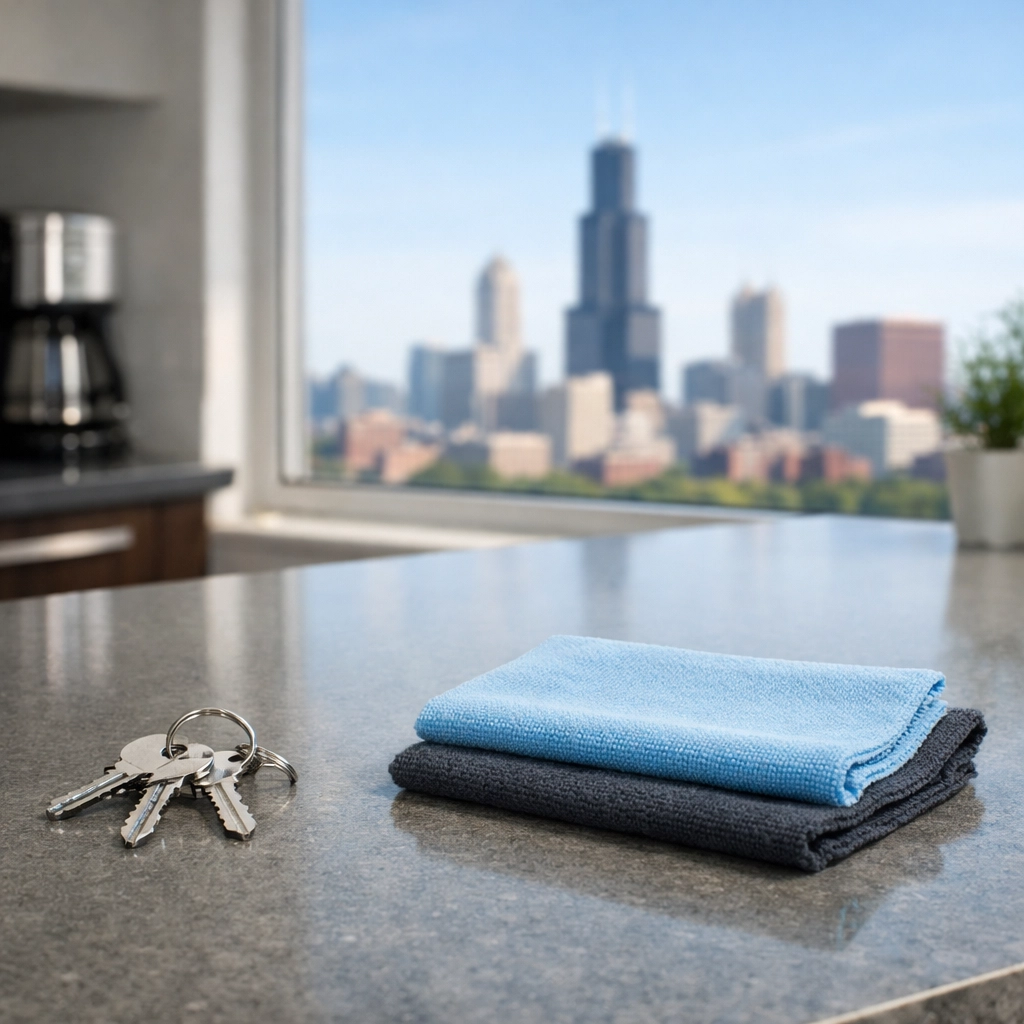 Apartment keys on a pristine kitchen counter overlooking a Midwest city skyline during a move-out turnover.