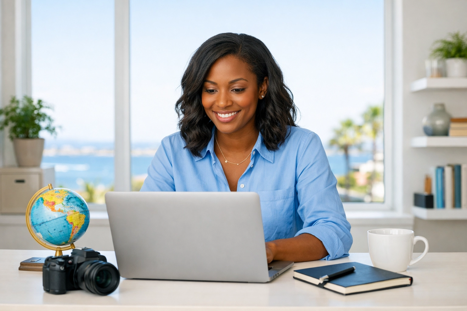 A successful cruise travel agent working from a modern home office with a sunny coastal view.