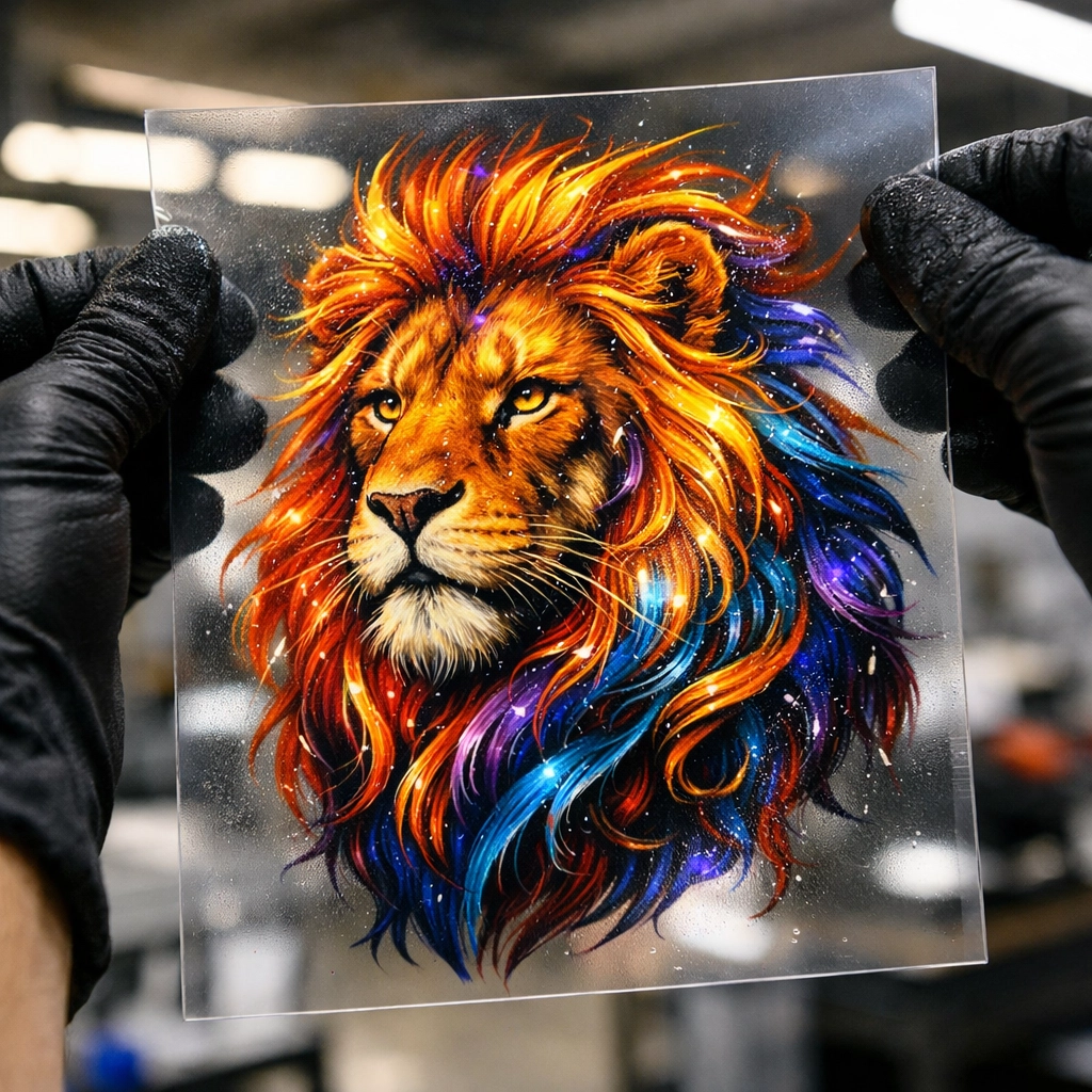 A custom lion design on a translucent PET film used for DTF printing services.