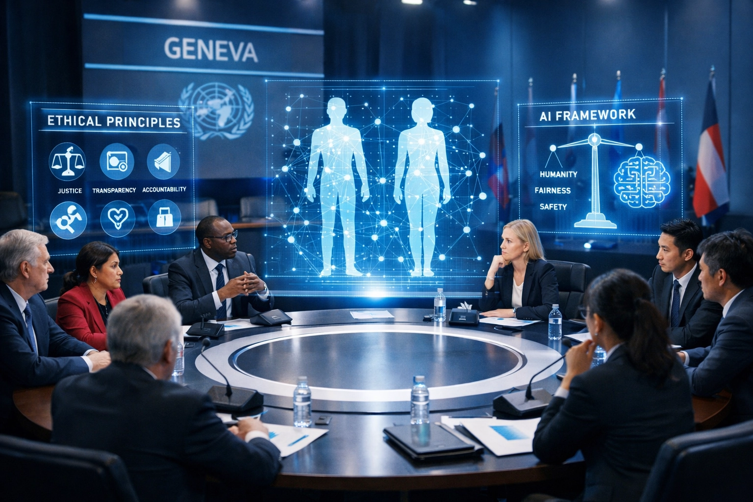 International AI ethics summit delegates discussing technology guidelines and human dignity