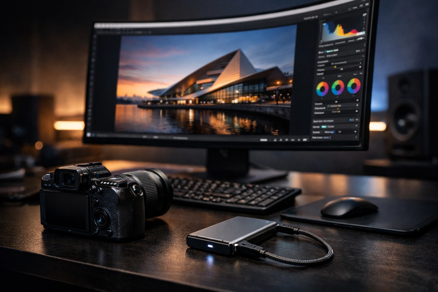 A modern photography workflow station with a 2026 mirrorless camera and high-speed external drive.