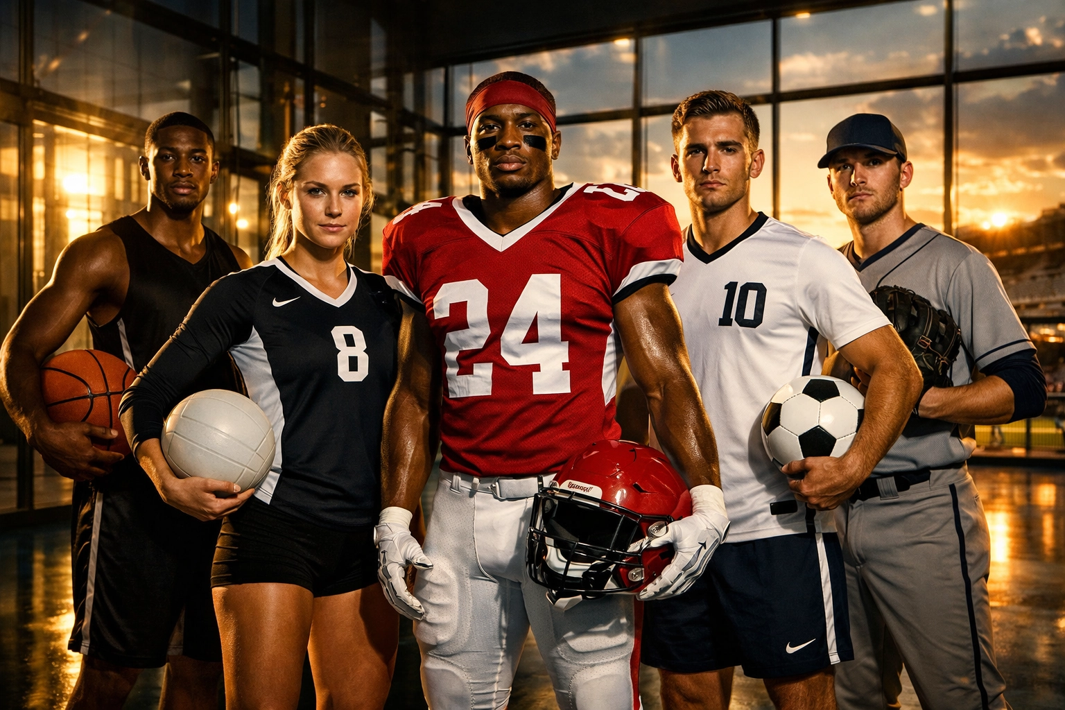 A diverse group of college athletes representing the massive reach of NIL partnerships in sports marketing.