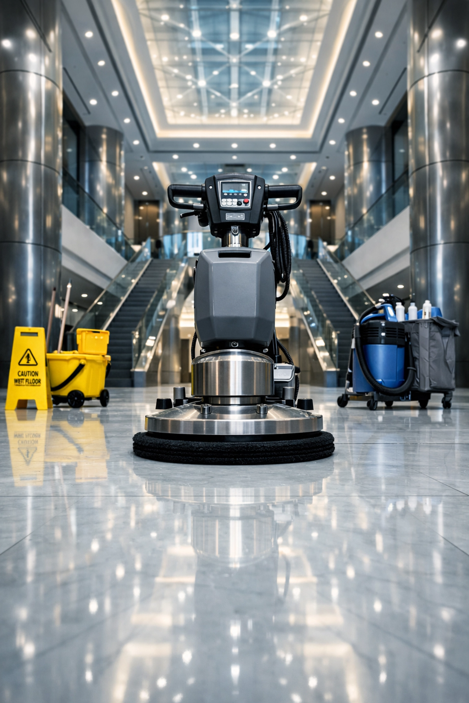 Industrial floor polisher maintaining a professional marble lobby floor in an Orlando commercial building.