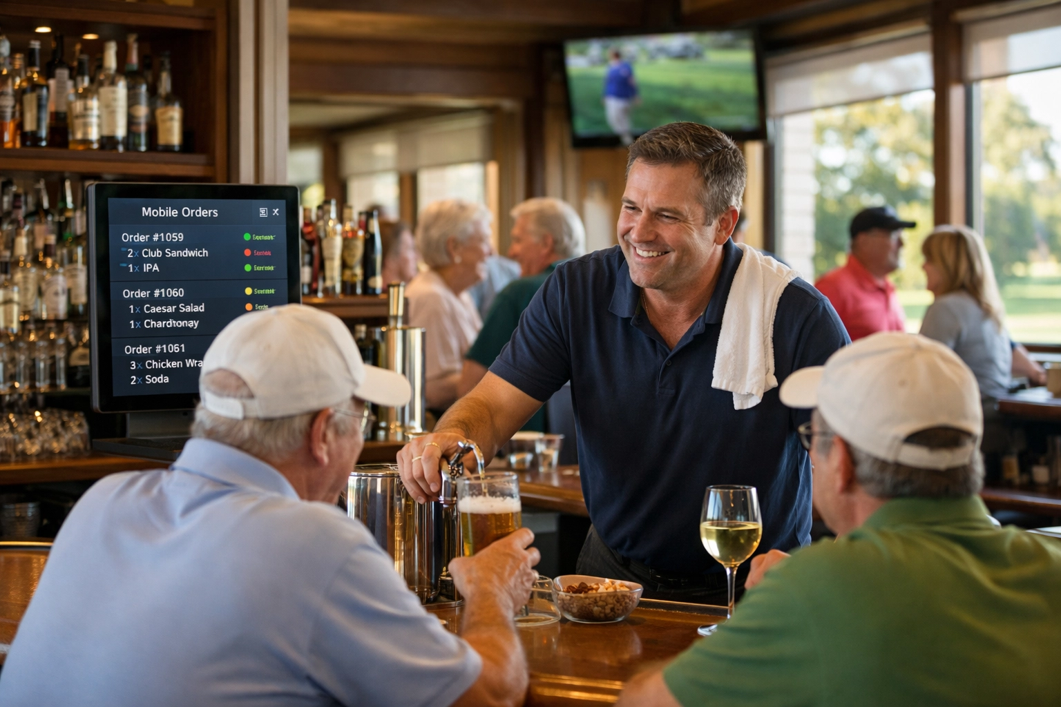 Golf clubhouse bar showing traditional service alongside mobile ordering technology integration