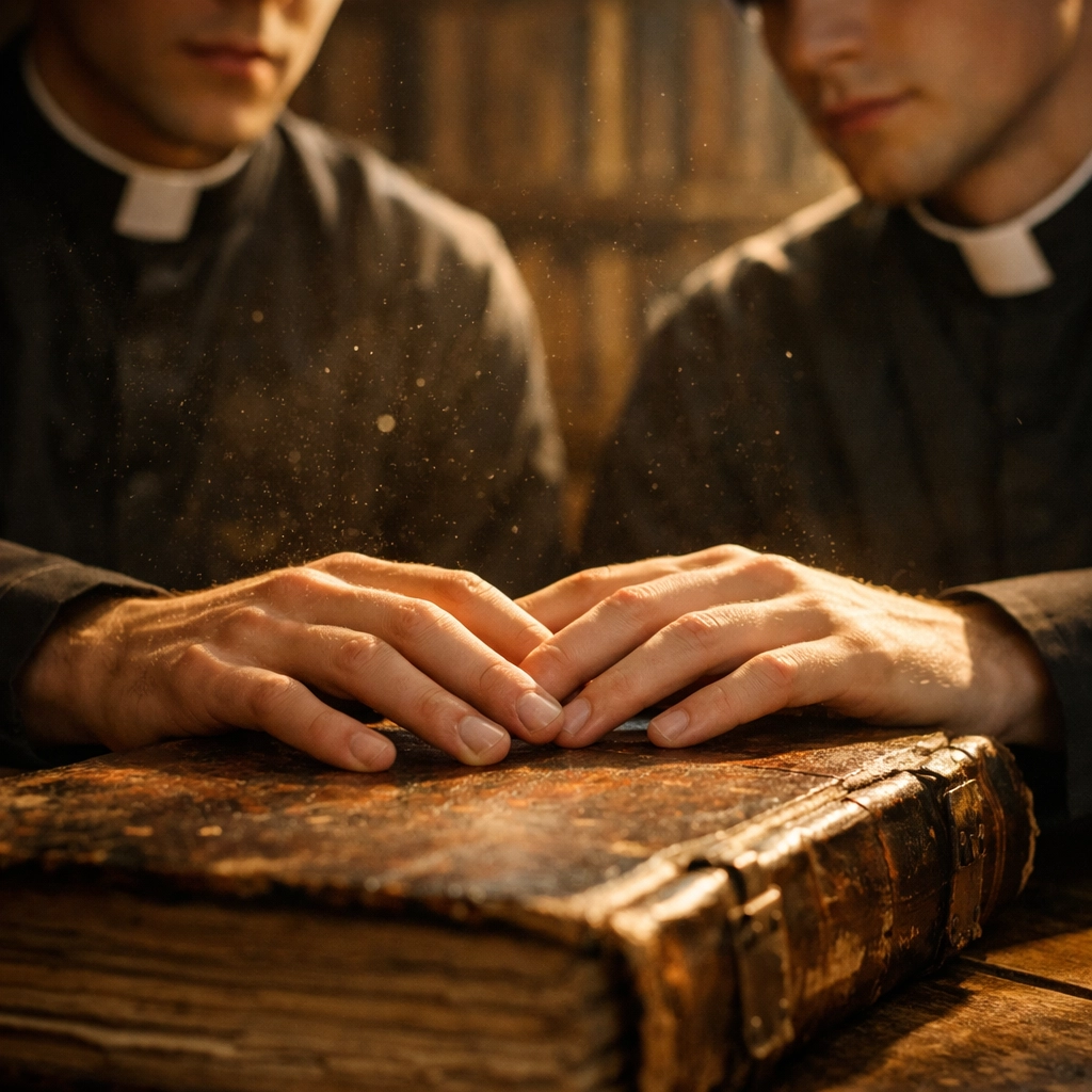 Two young priests touching hands over a book in a Vatican library, a moment of secret MM romance.