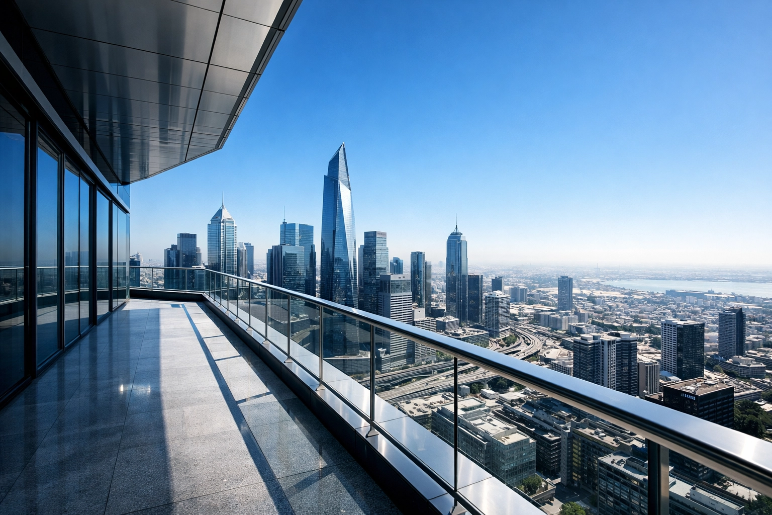 Wide-angle view of a modern city skyline from an elevated terrace, representing a clear path to leadership success. Wide-angle view of a modern city skyline from an elevated terrace, representing a clear path to leadership success.