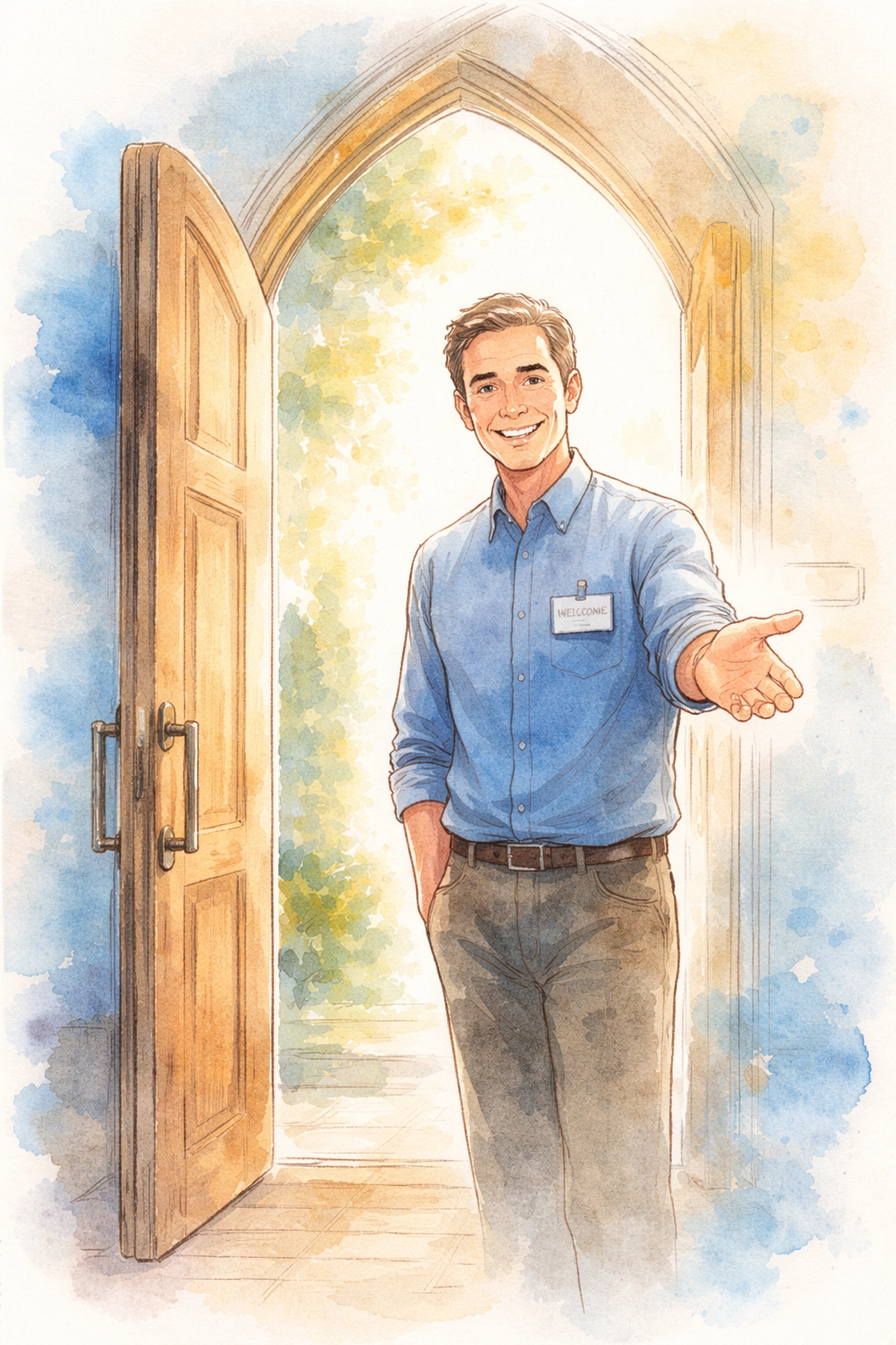 Watercolor illustration of a church greeter welcoming visitors at an open door, symbolizing hospitality and servant leadership.