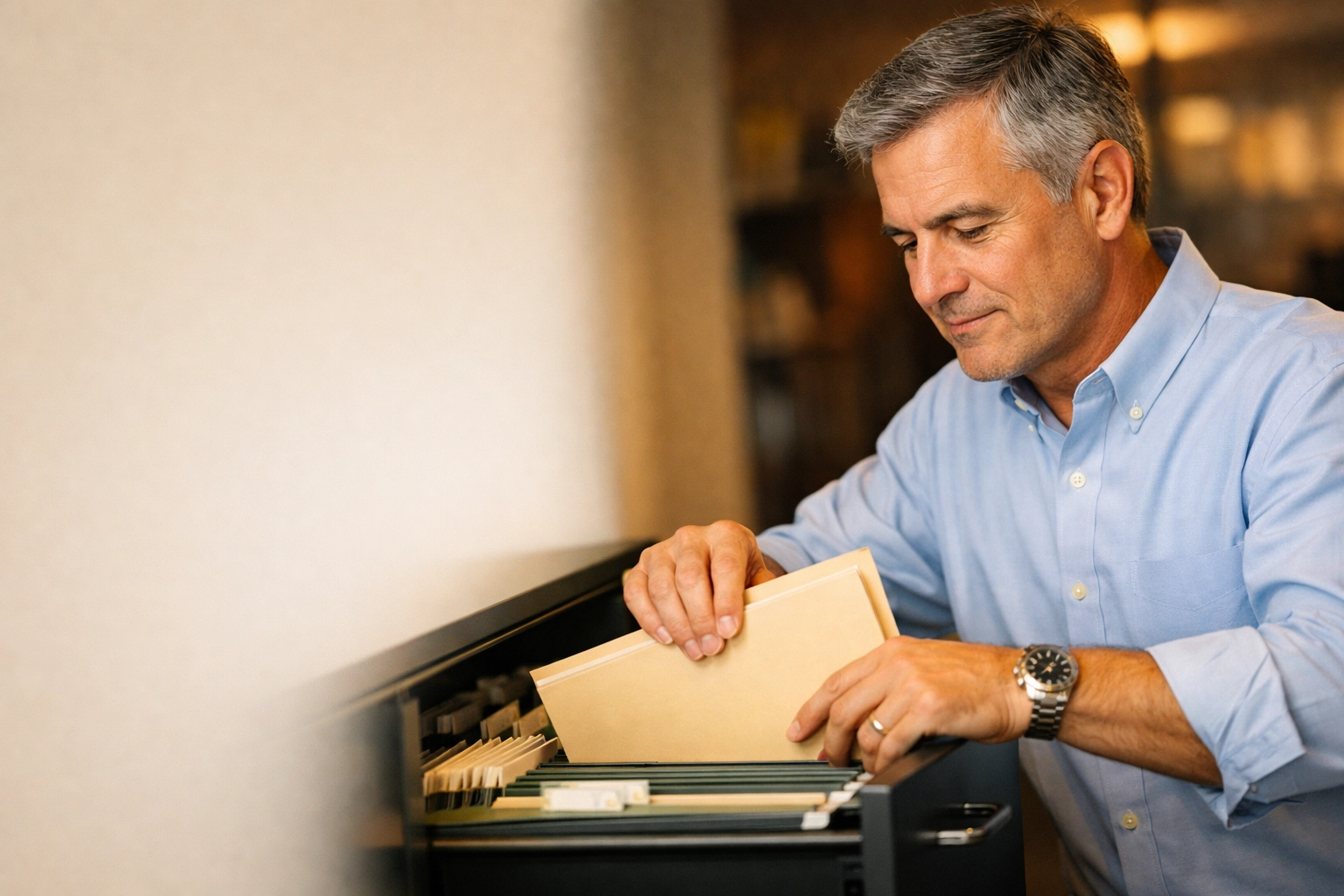 Experienced professional organizing procurement records in a filing cabinet for audit readiness.