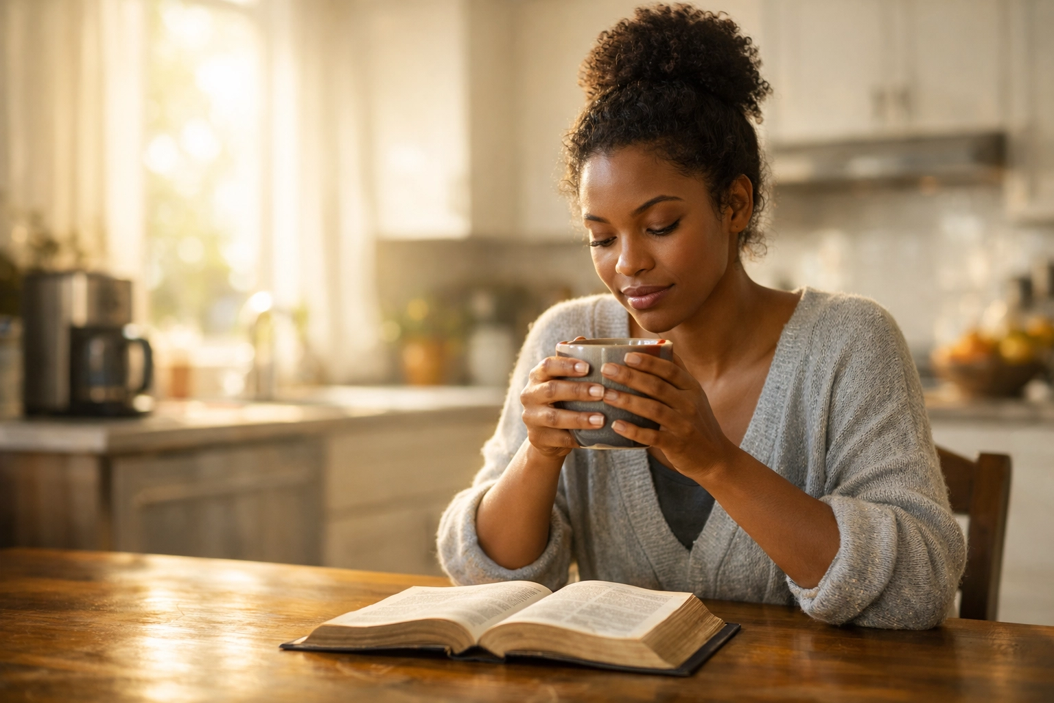 Woman doing a morning Bible micro-study at home to grow in Christ with FA Memphis.