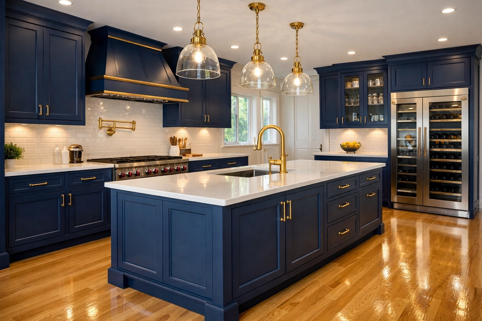 Spotless luxury kitchen with blue cabinets and white counters after post-construction Andover residential cleaning.