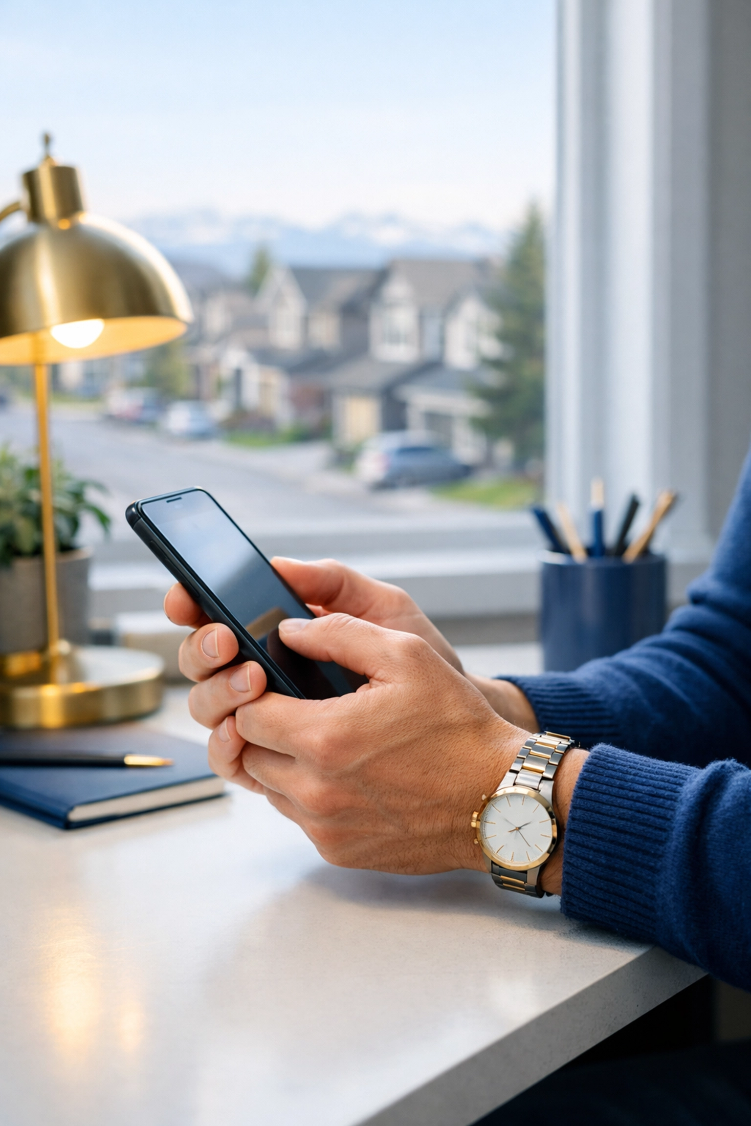 Person using a smartphone to apply for payday loans in Alberta from their home office.