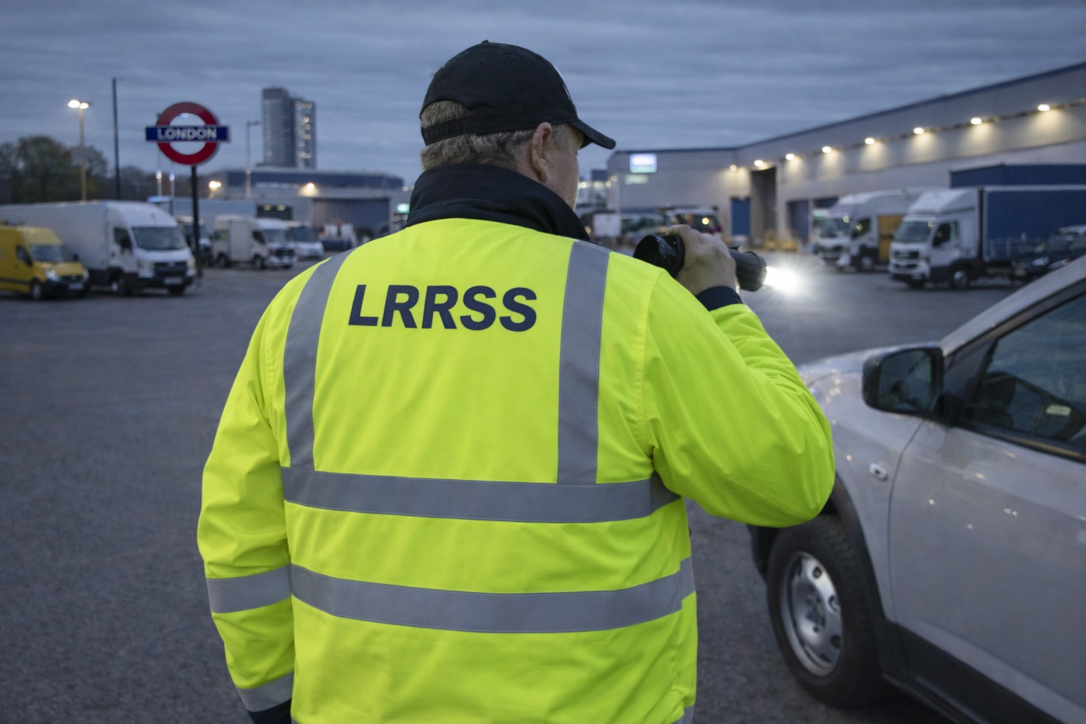 Security officer conducting perimeter patrol at London warehouse facility