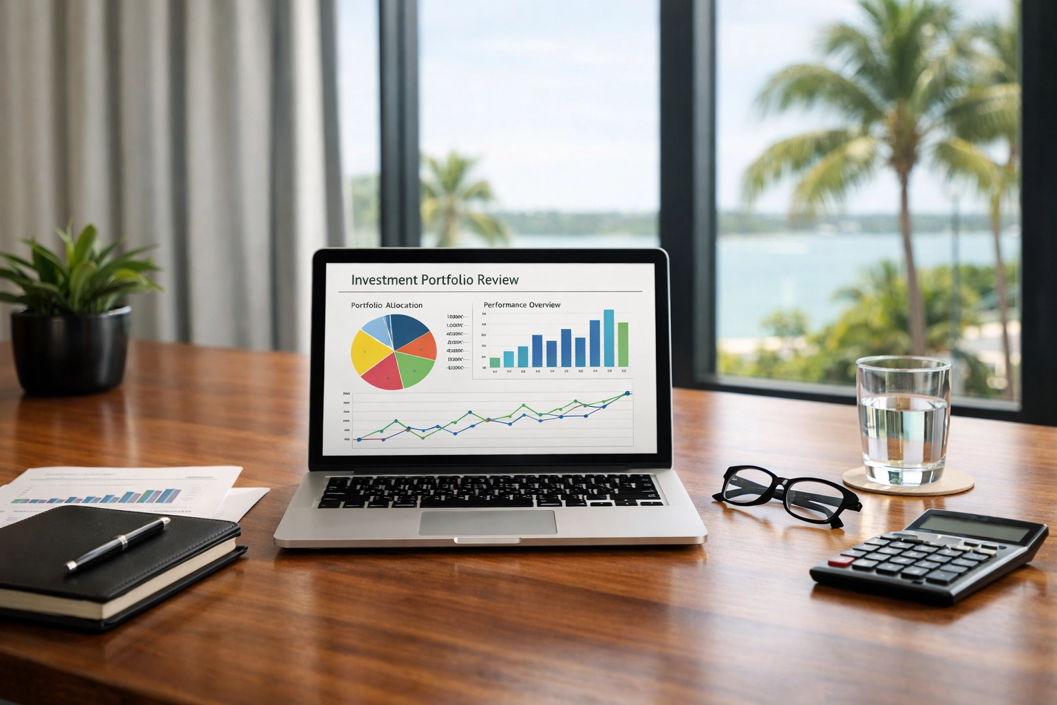 Investment portfolio review meeting with financial charts for Treasure Coast wealth advisor