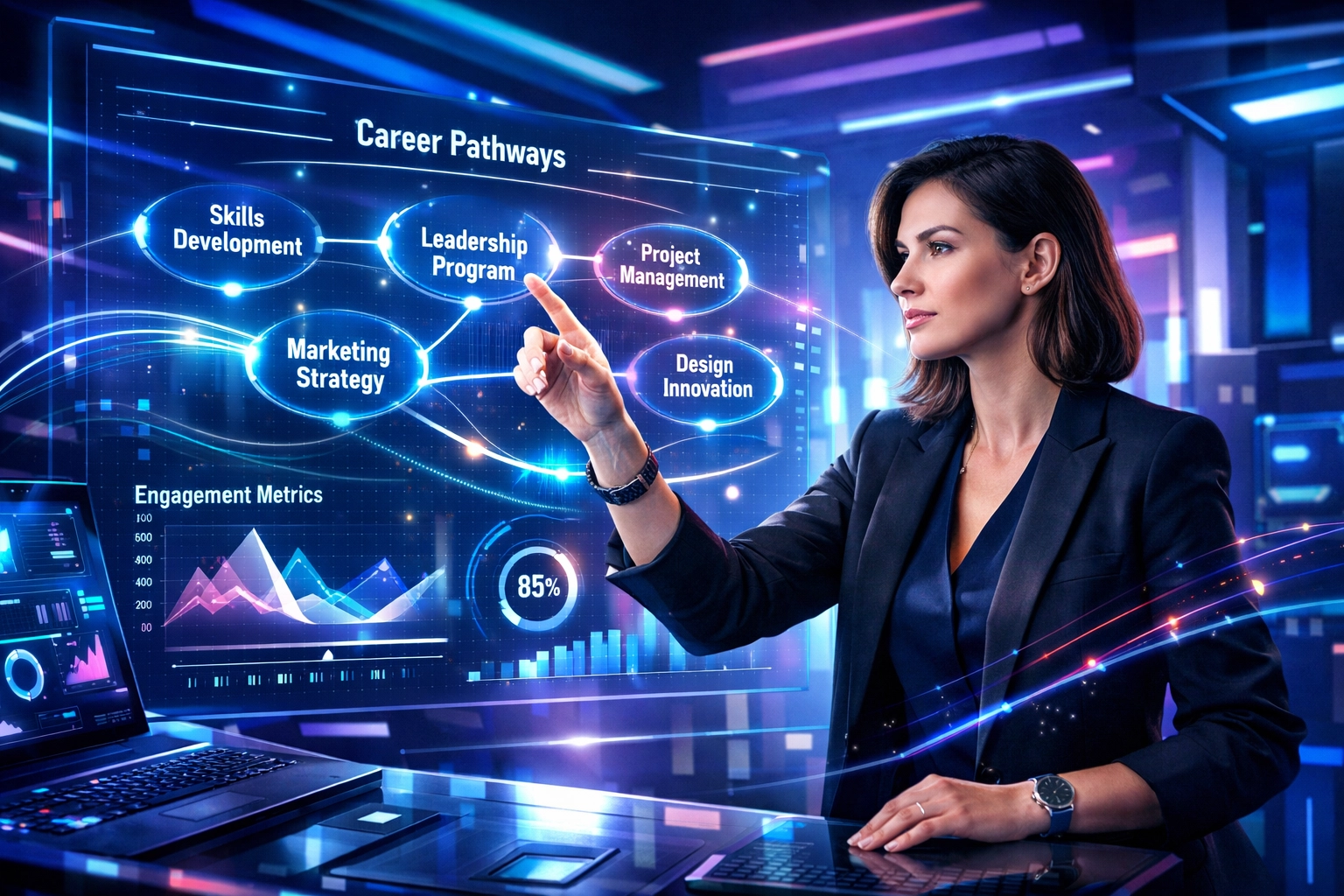 Creative director analyzing AI-driven engagement metrics and career pathway data on a high-tech dashboard.
