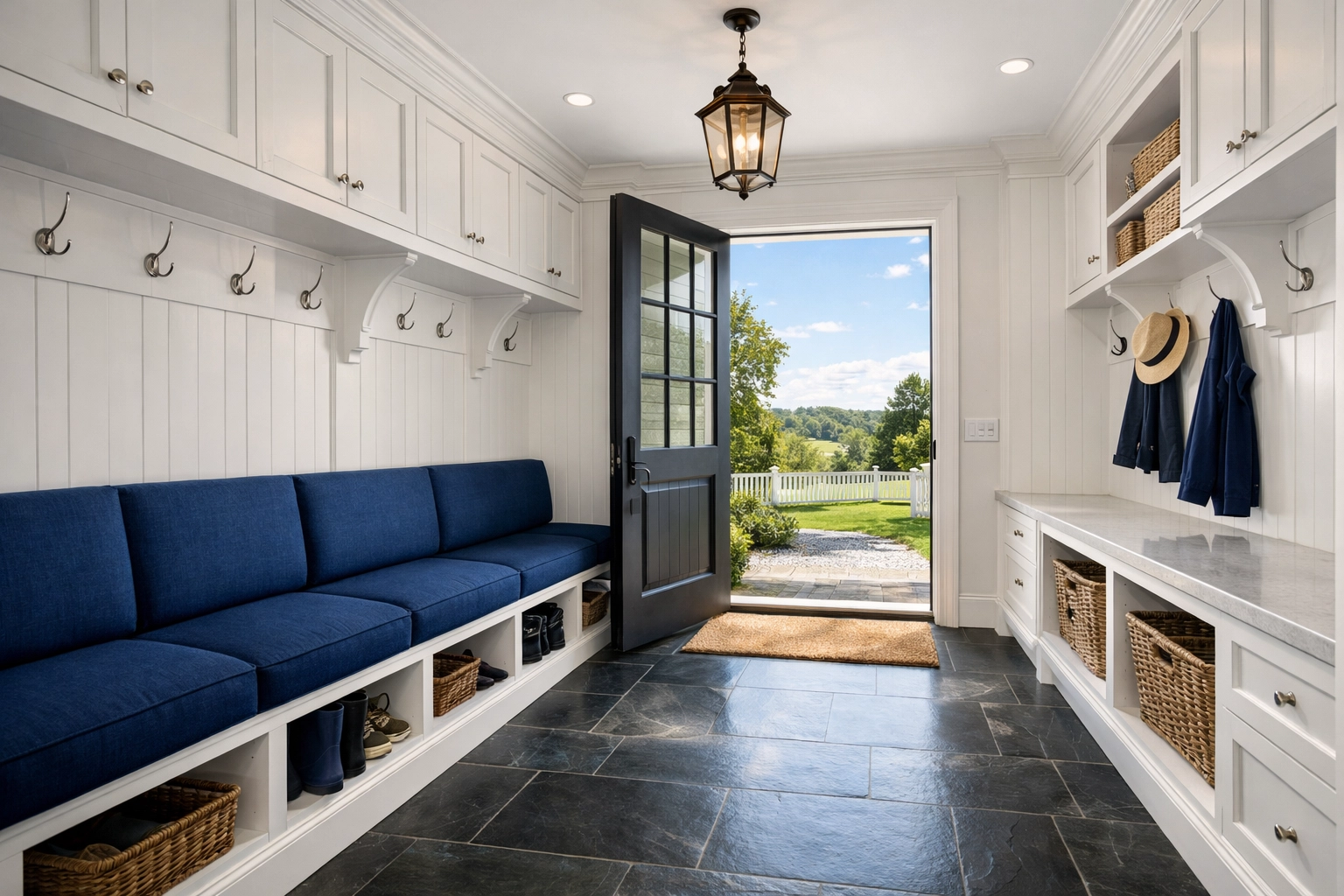 Professional Dover luxury cleaning service for a spotless estate mudroom and entryway with slate floors.