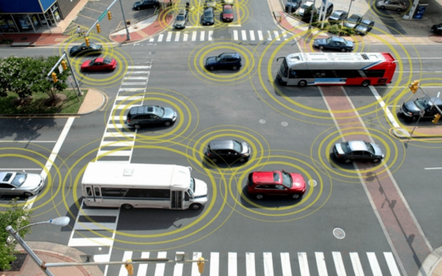 Multiple vehicles at a busy intersection with GPS tracking