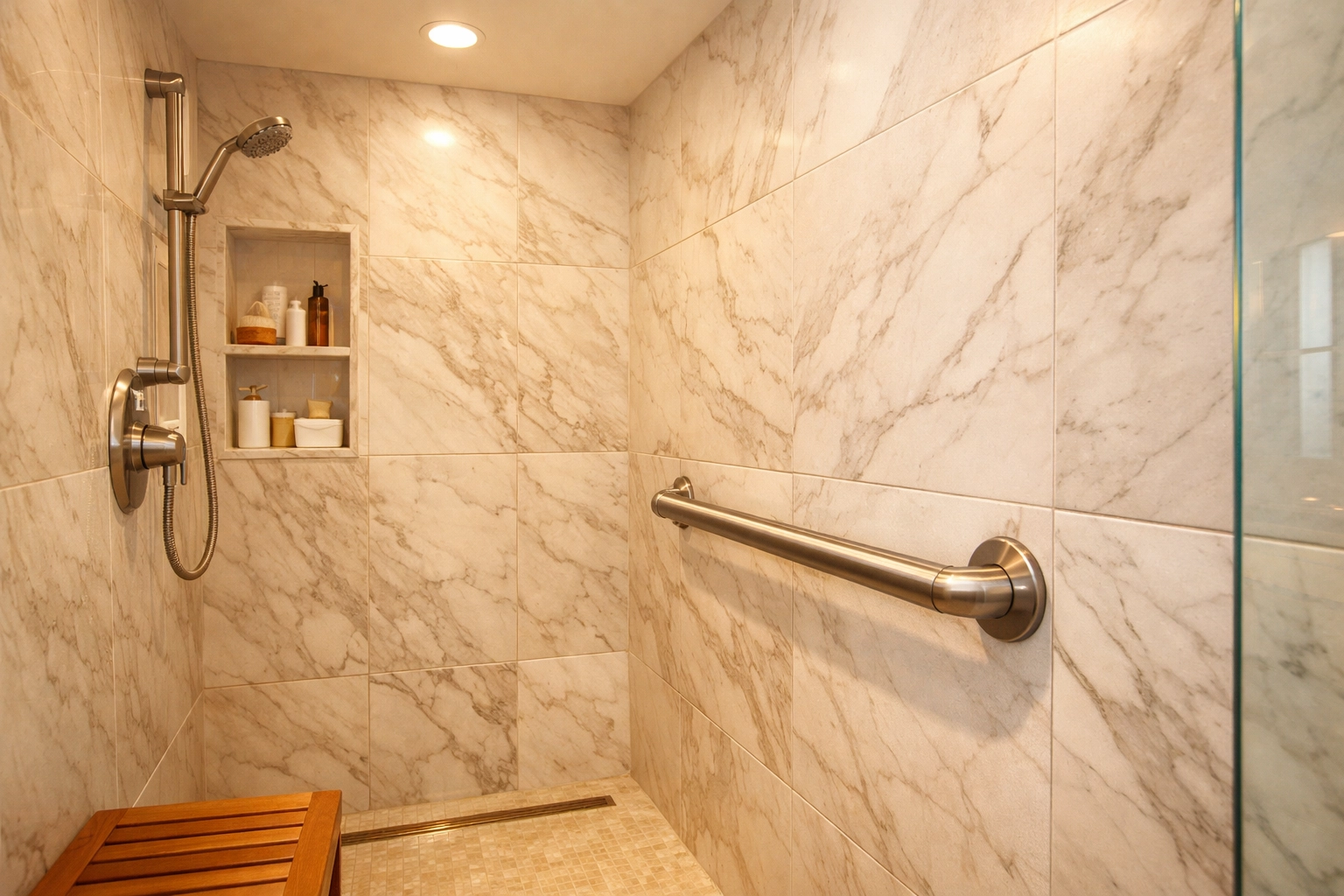 A no-drill safety grab bar mounted on solid marble tiles in a bright, modern walk-in shower.