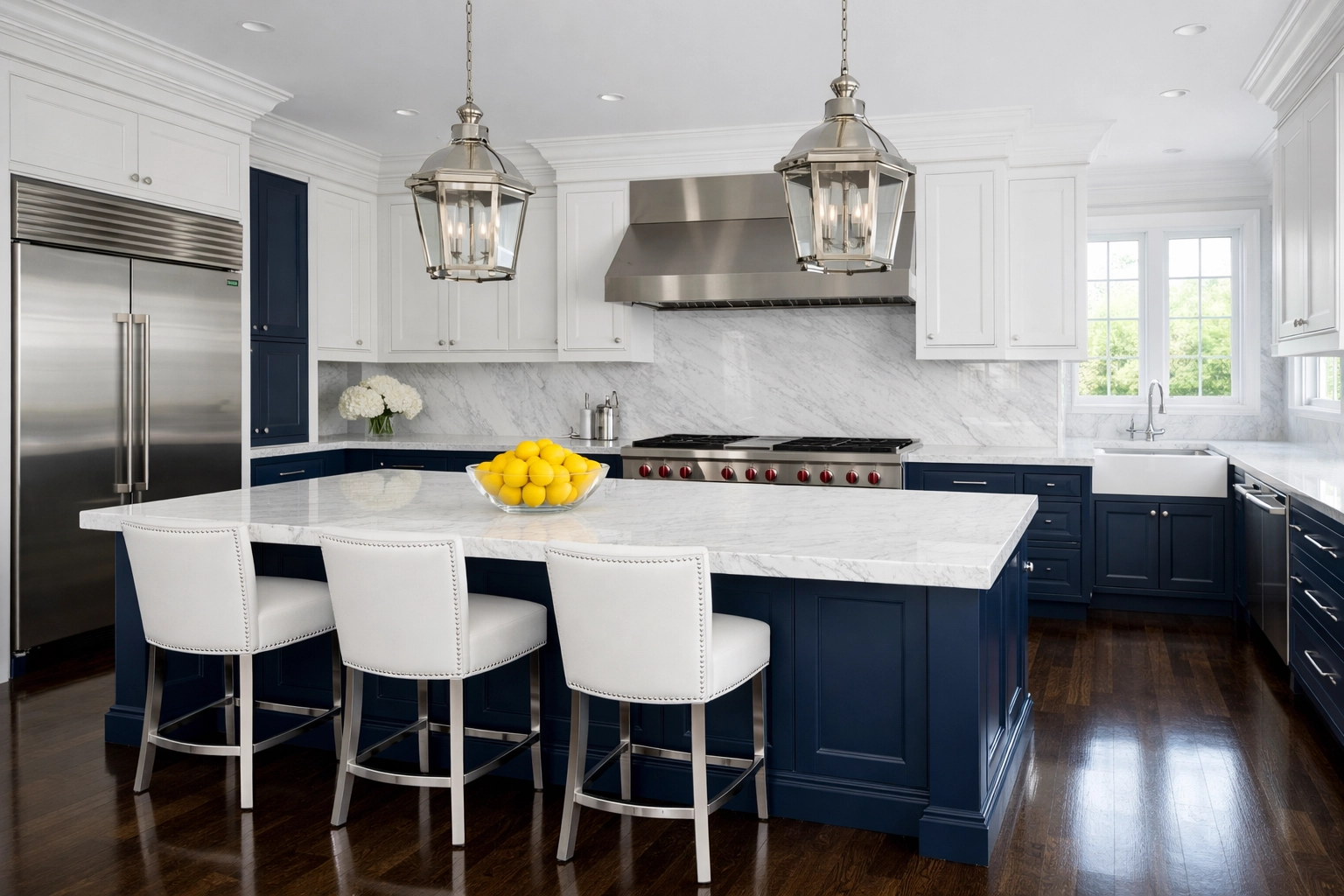 Luxury Massachusetts kitchen with marble countertops showing professional deep cleaning MA results.