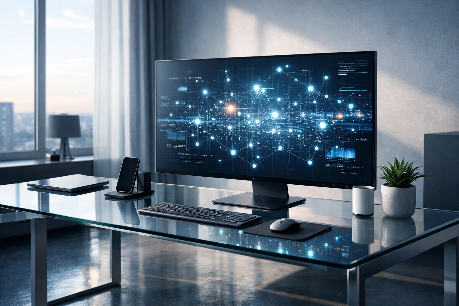 Sleek tech workstation displaying a data architecture network representing systemic marketing operations orchestration.