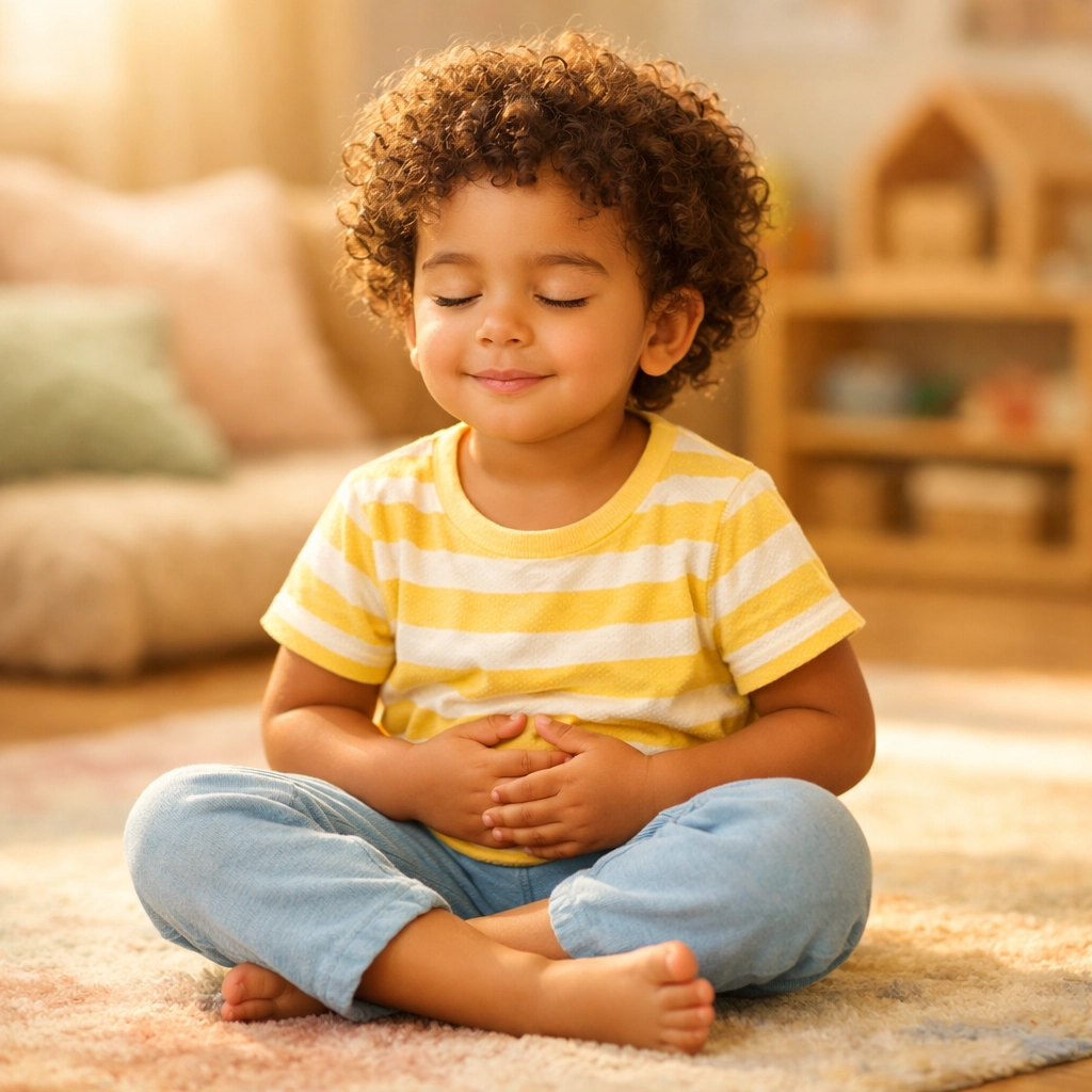 A young child practicing mindfulness and deep breathing in a peaceful classroom setting.