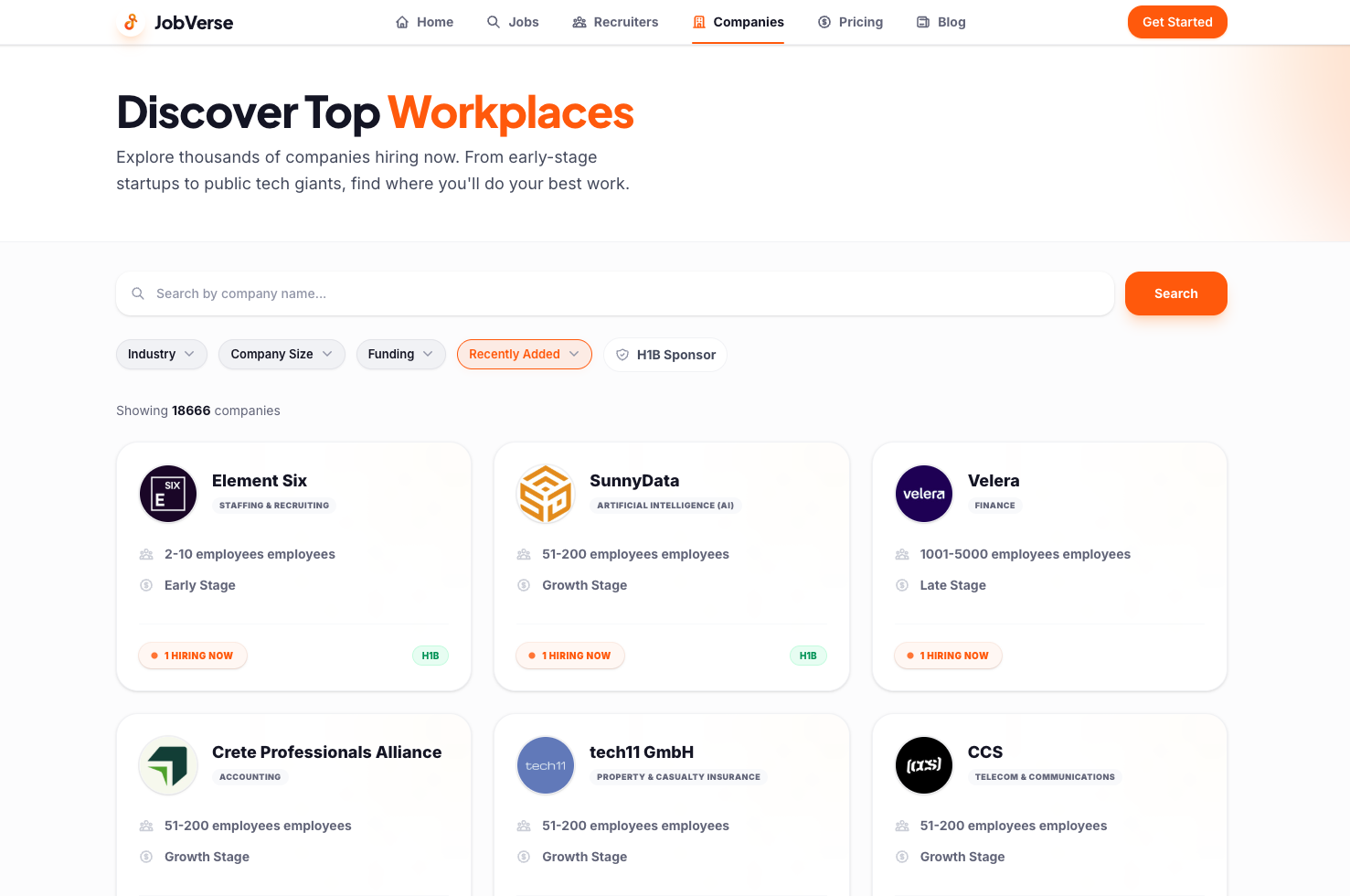JobVerse company discovery interface An interface showing filters for industry, company size, funding, and H1B sponsorship.
