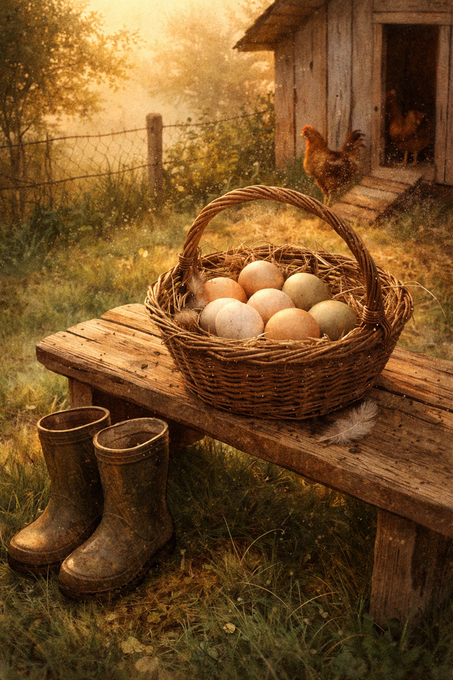 Wicker egg basket with farm-fresh brown, white, and green eggs on a rustic bench at sunrise as part of daily farm chores