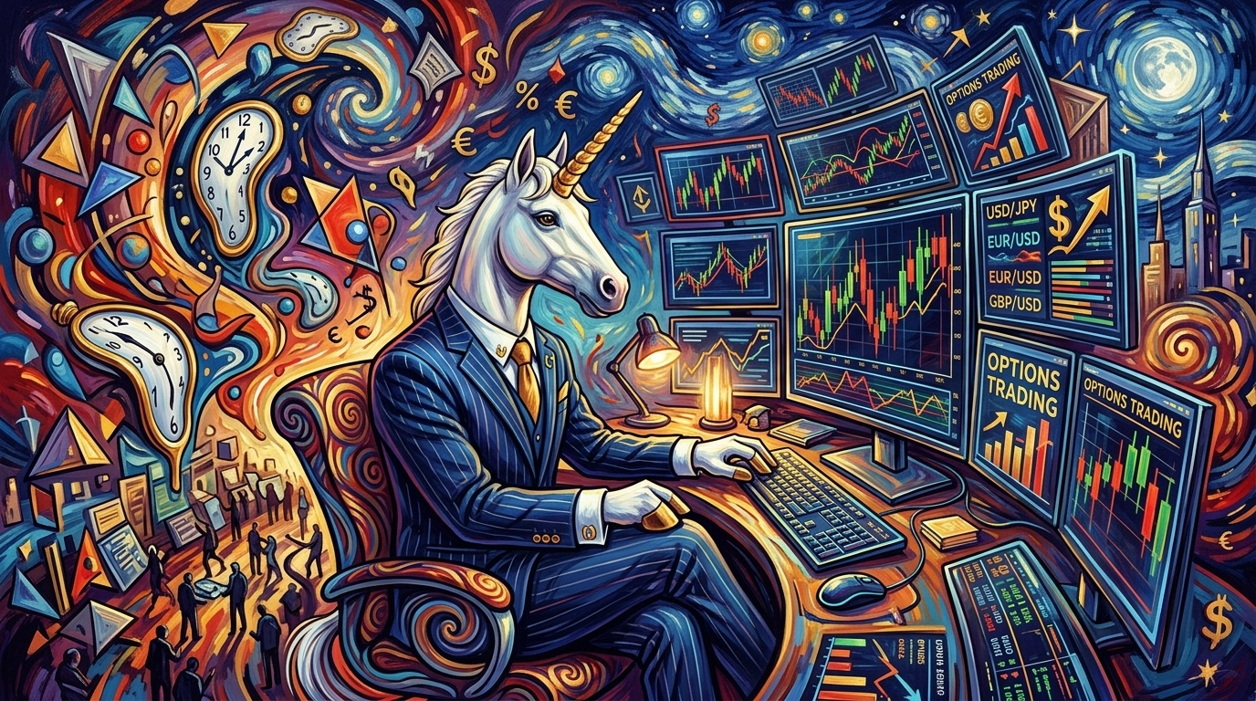 Surreal unicorn trading options at a multi-screen desk
