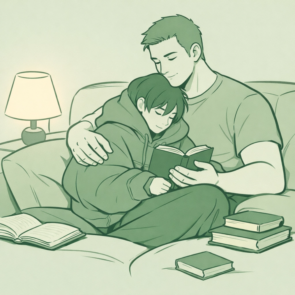 MM couple reading with protective embrace illustrating size difference romance trope