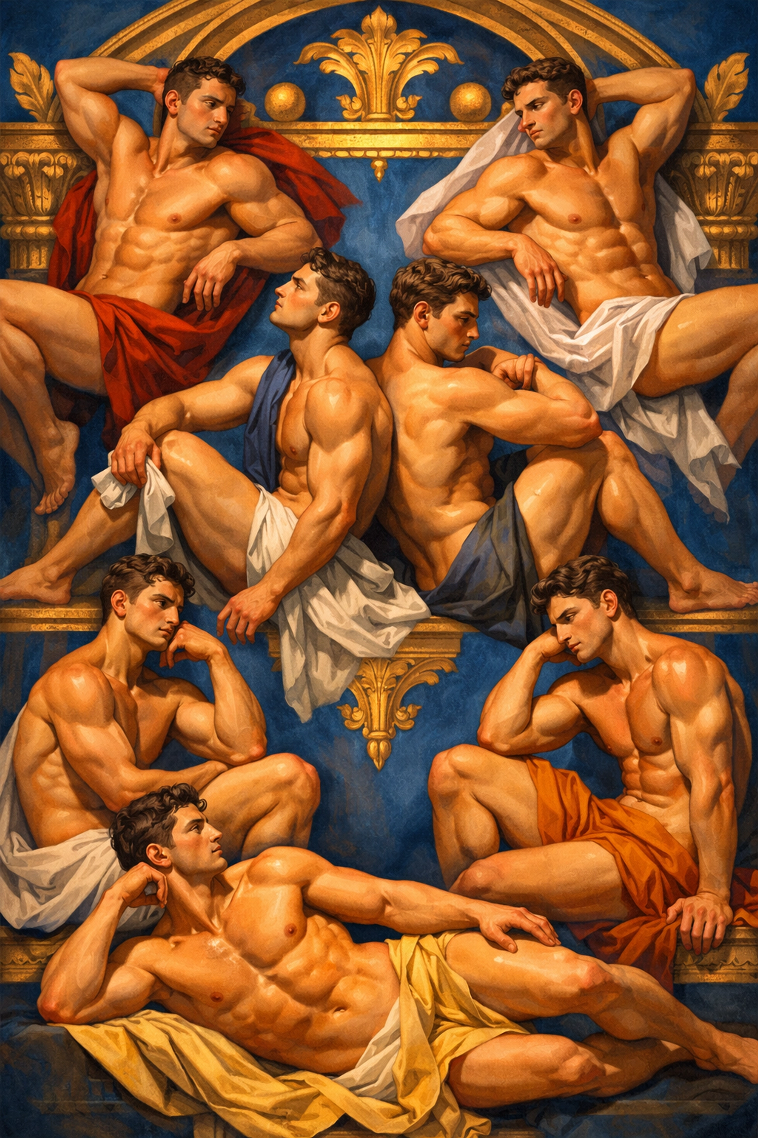 Muscular male figures inspired by Michelangelo's Sistine Chapel ignudi celebrating queer beauty
