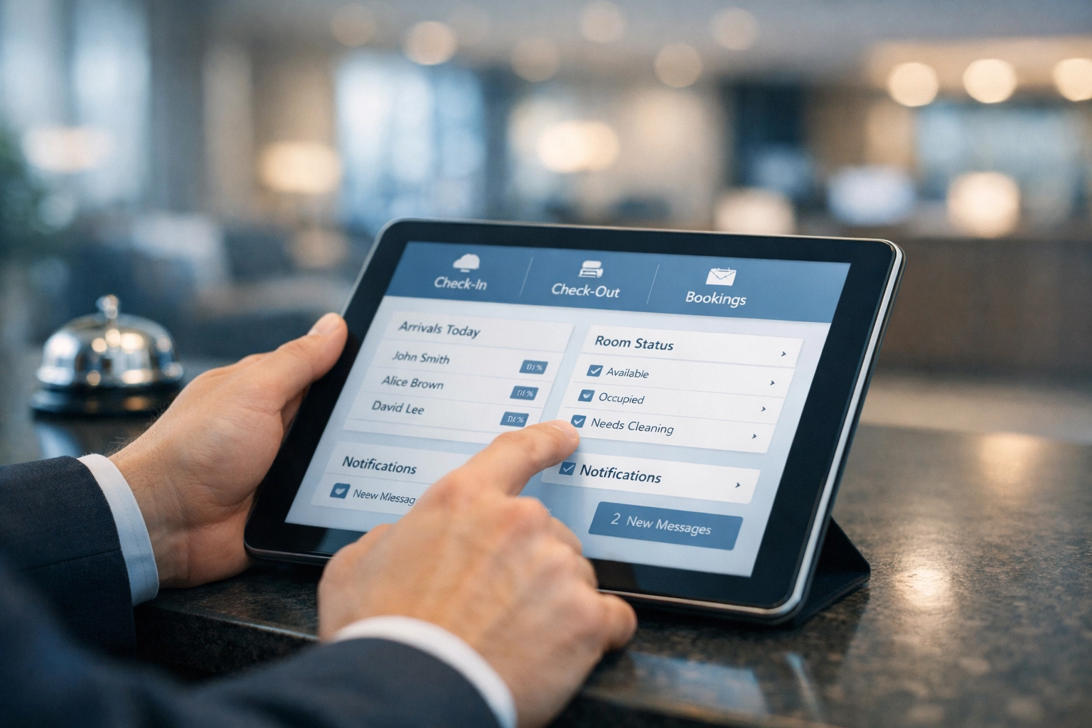Hotel staff using intuitive tablet interface at reception desk