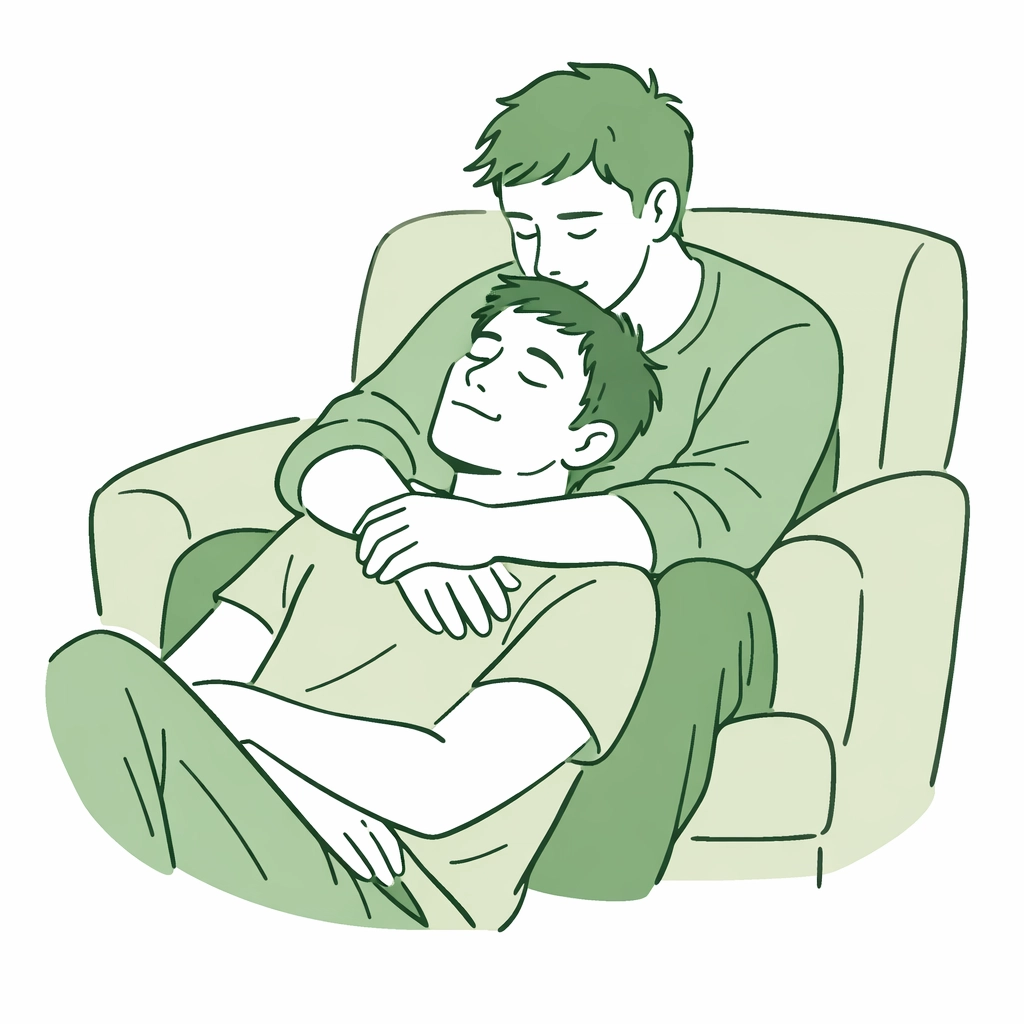 A tender non-sexual embrace between two men, highlighting emotional depth in MM romance books.