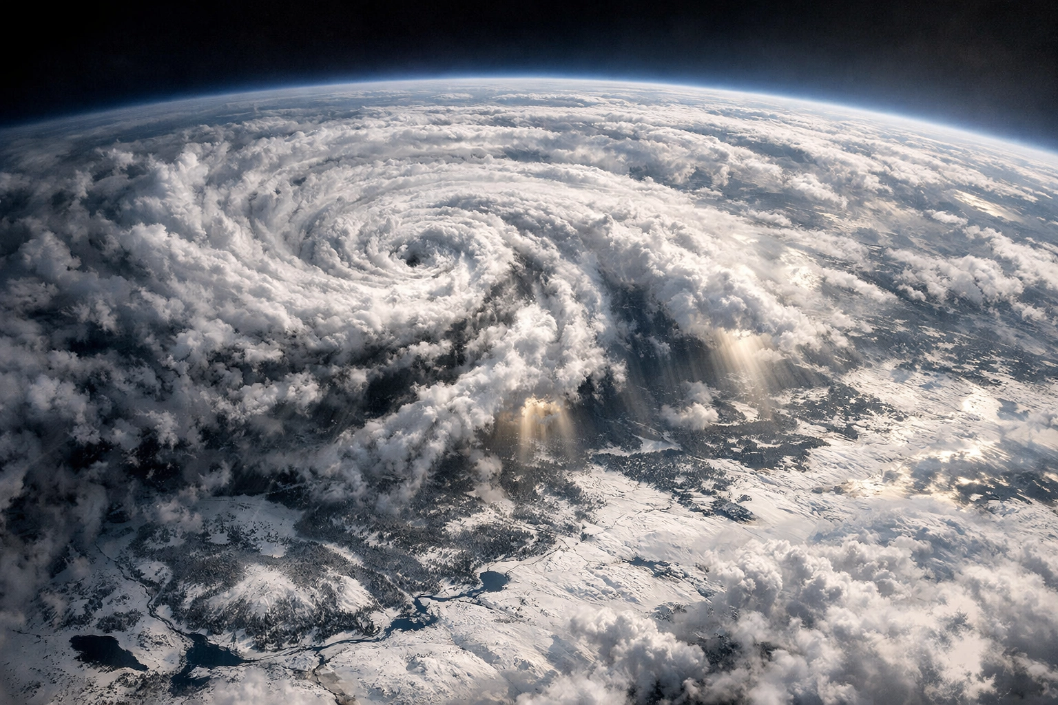 Massive winter storm system approaching East Coast with swirling clouds over snow-covered terrain