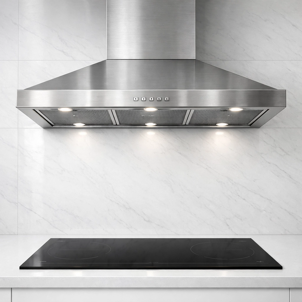 High-end stainless steel ventilation hood and induction cooktop in a modern Scottsdale kitchen renovation.
