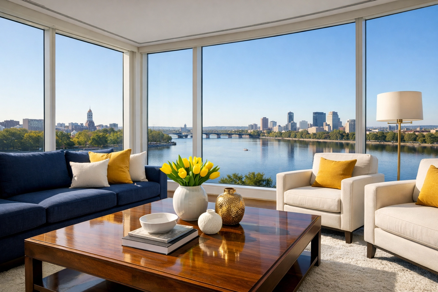 Spotless living room in a Cambridge condo overlooking the Charles River after expert deep cleaning Cambridge MA.